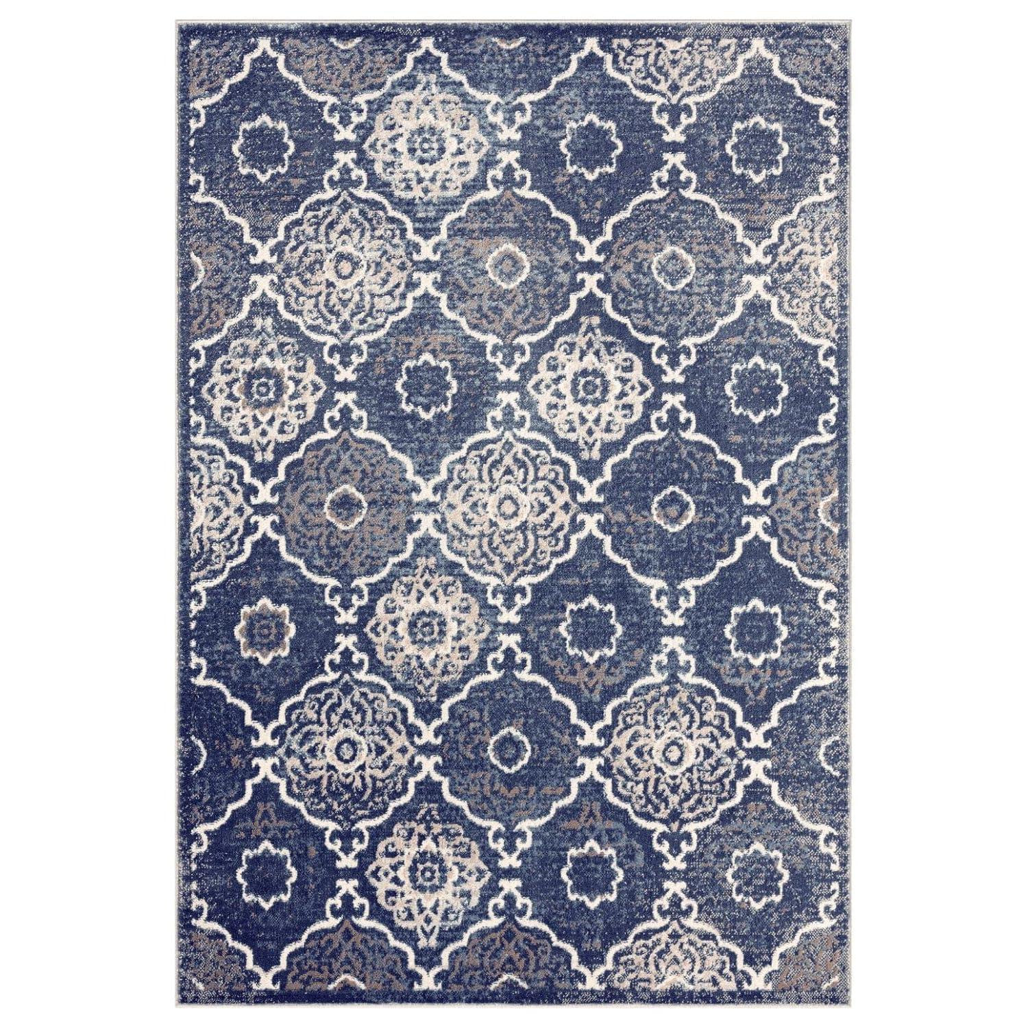 Home Dynamix Boho Andorra Transitional Damask Area Rug, Navy Blue/Ivory, 5'2"x7'2"