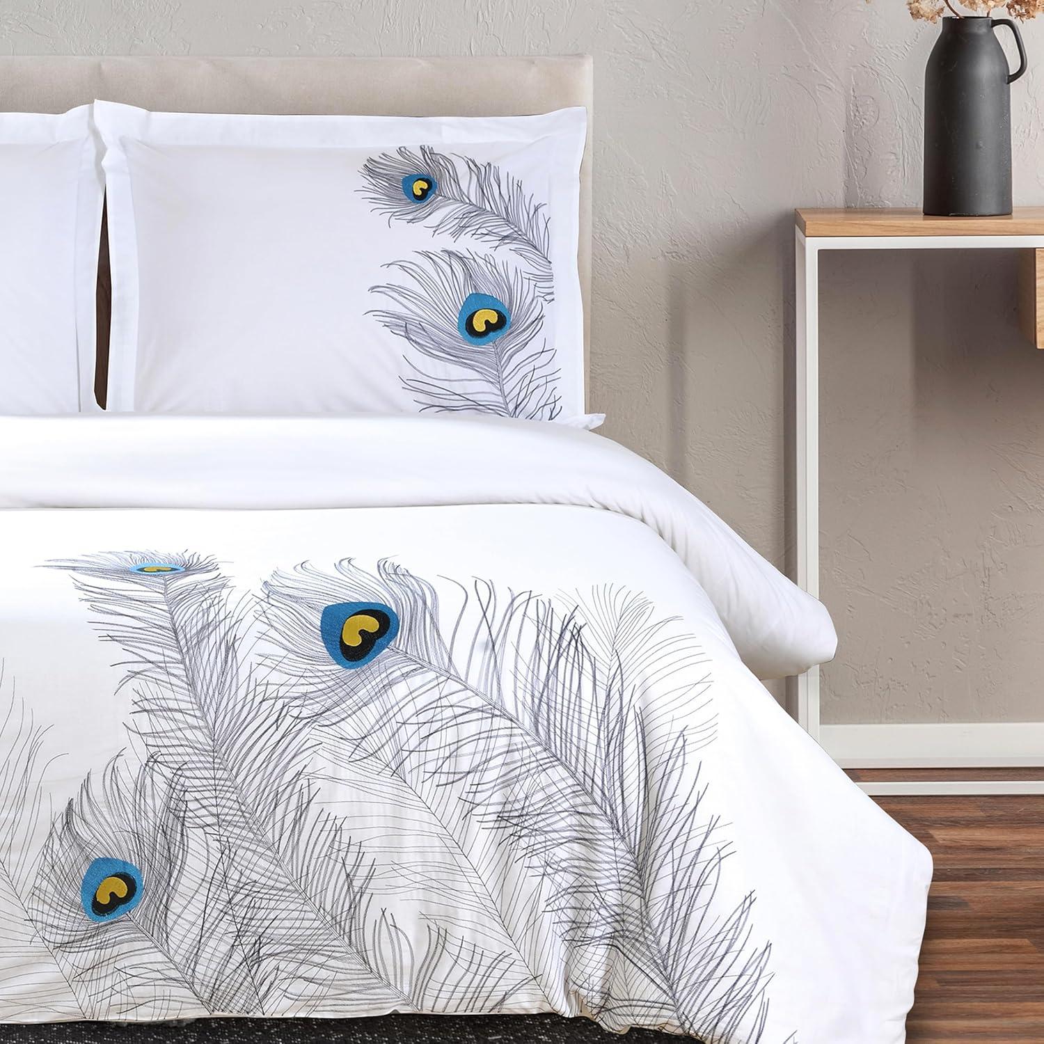 Silver Embroidered Peacock Cotton King/California King Duvet Cover Set