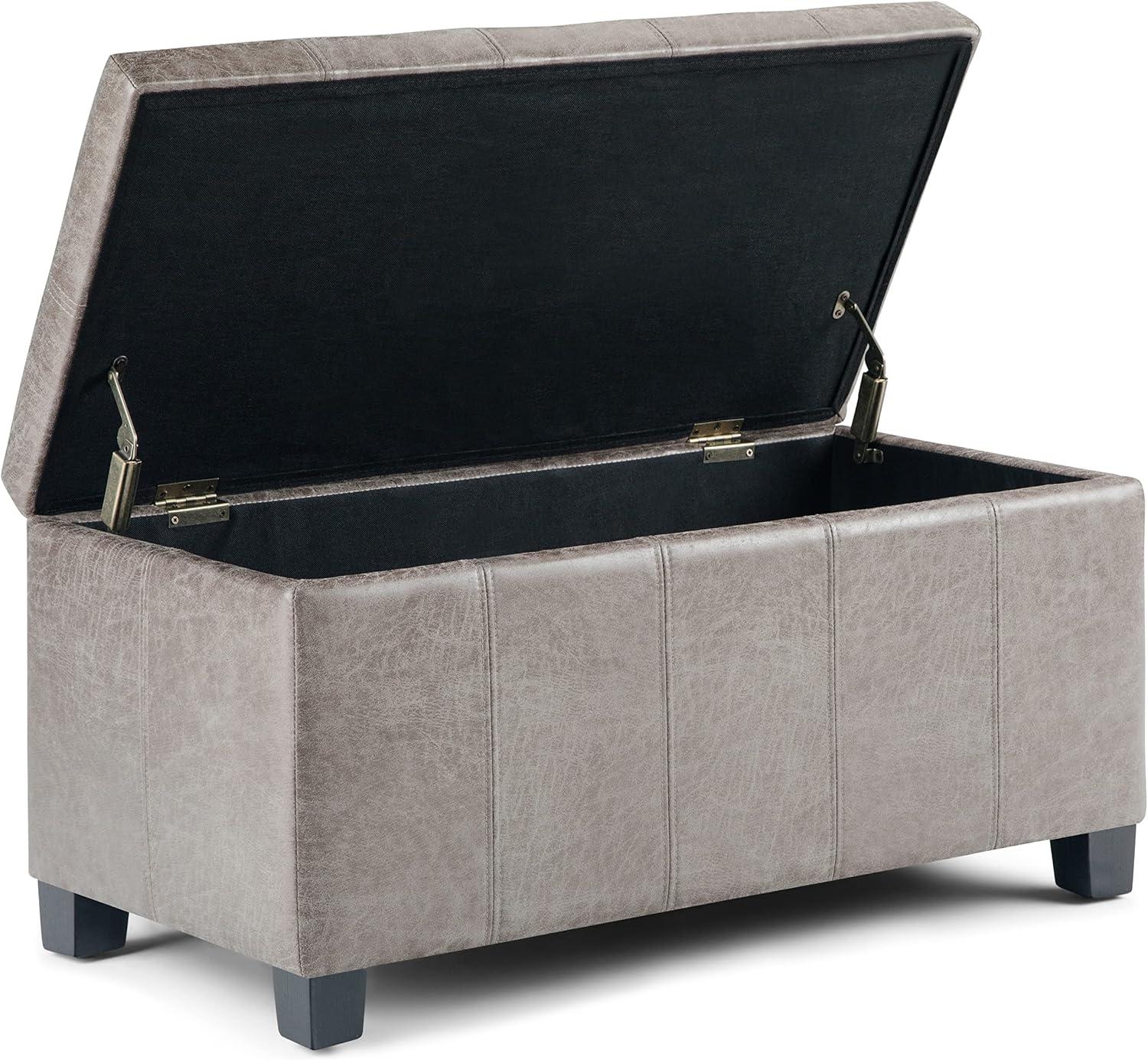 Simpli Home Dover Faux Leather Storage Ottoman Bench in Gray Taupe