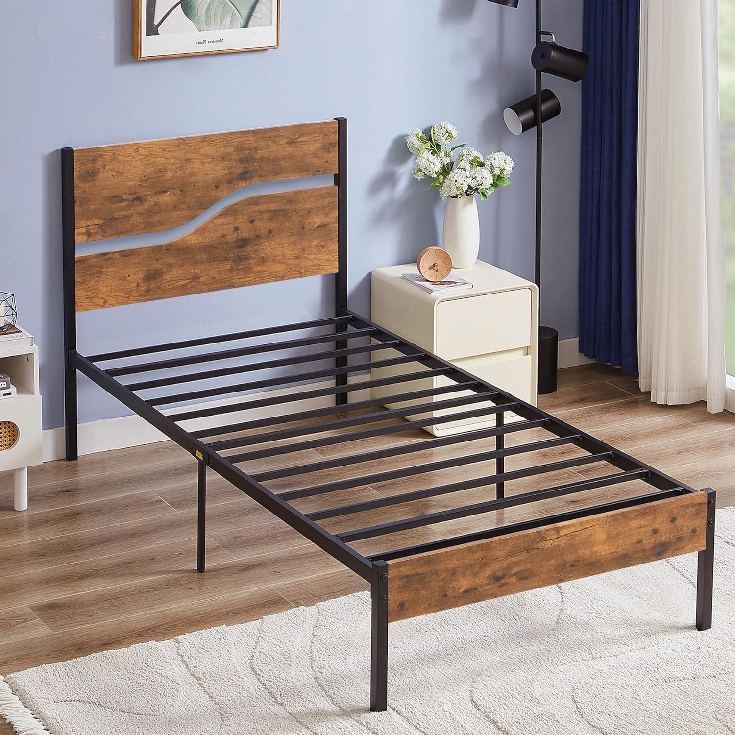 VECELO Platform Bed Frame Twin Size with Rustic Vintage Wood Headboard, Strong Metal Slats Support, No Box Spring Needed