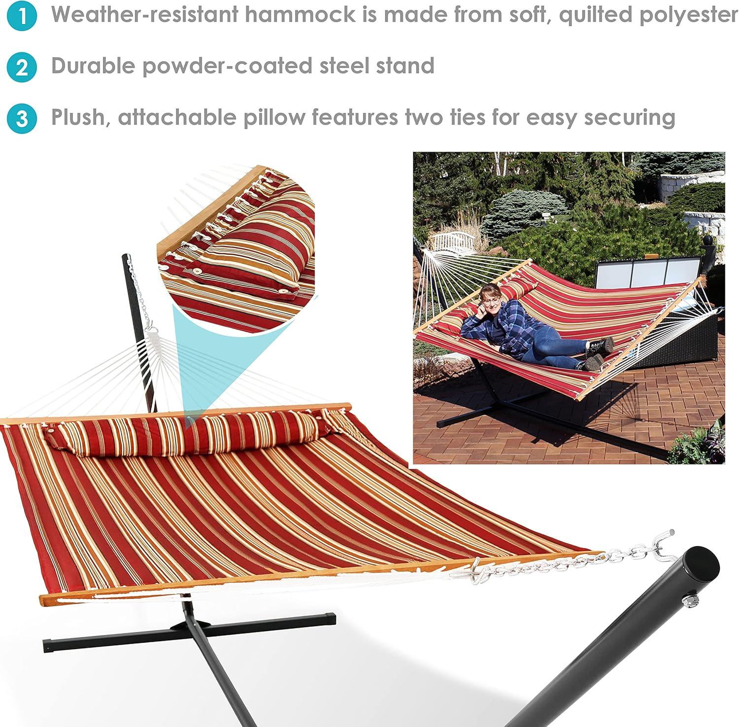 Sunnydaze 2-Person Freestanding Quilted Fabric Spreader Bar Hammock with Detachable Pillow and Stand - 400 lb Weight Capacity/15' Stand - Red Stripe