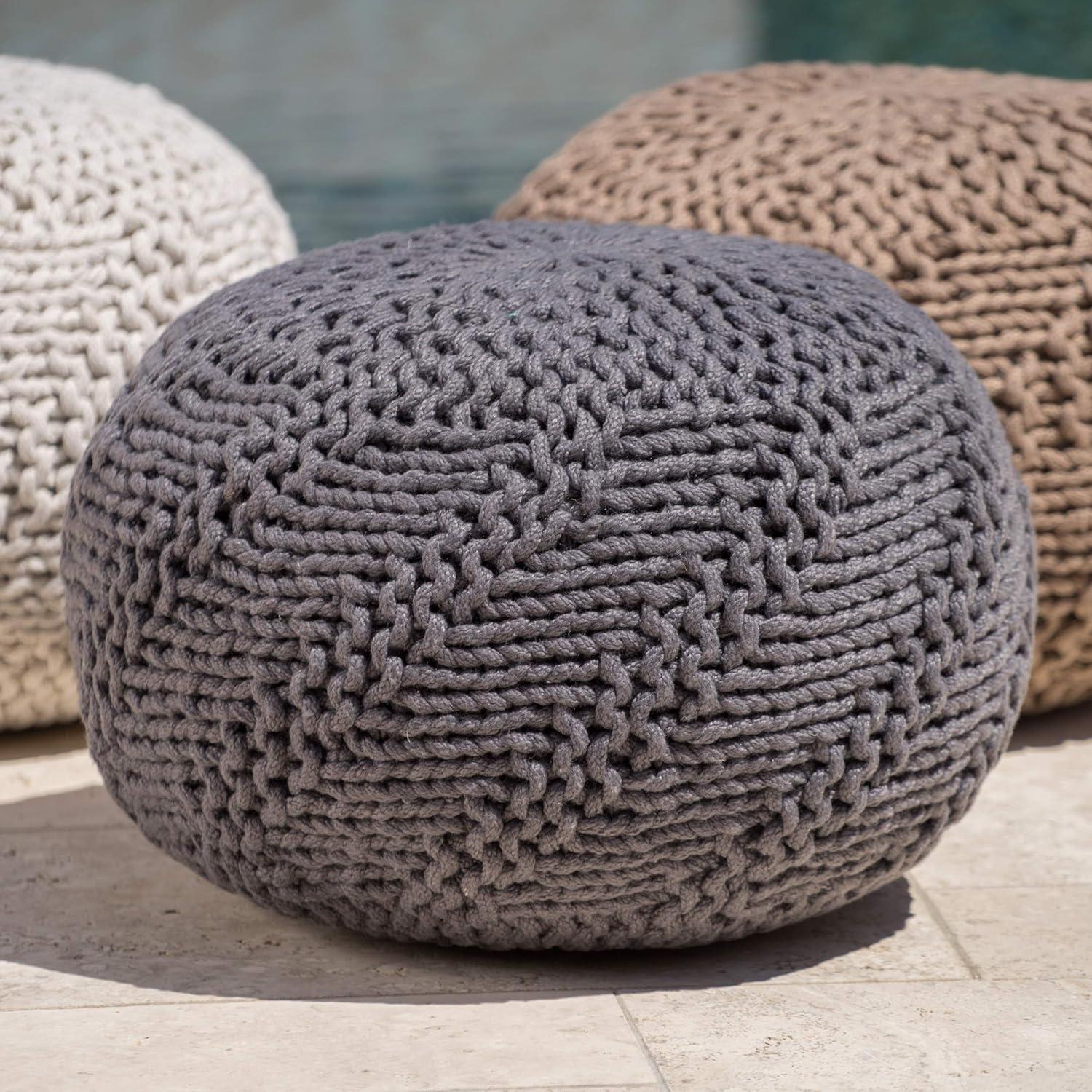 GDF Studio Ashbury Outdoor Modern Handmade Cotton Knit Round Pouf, Dark Gray