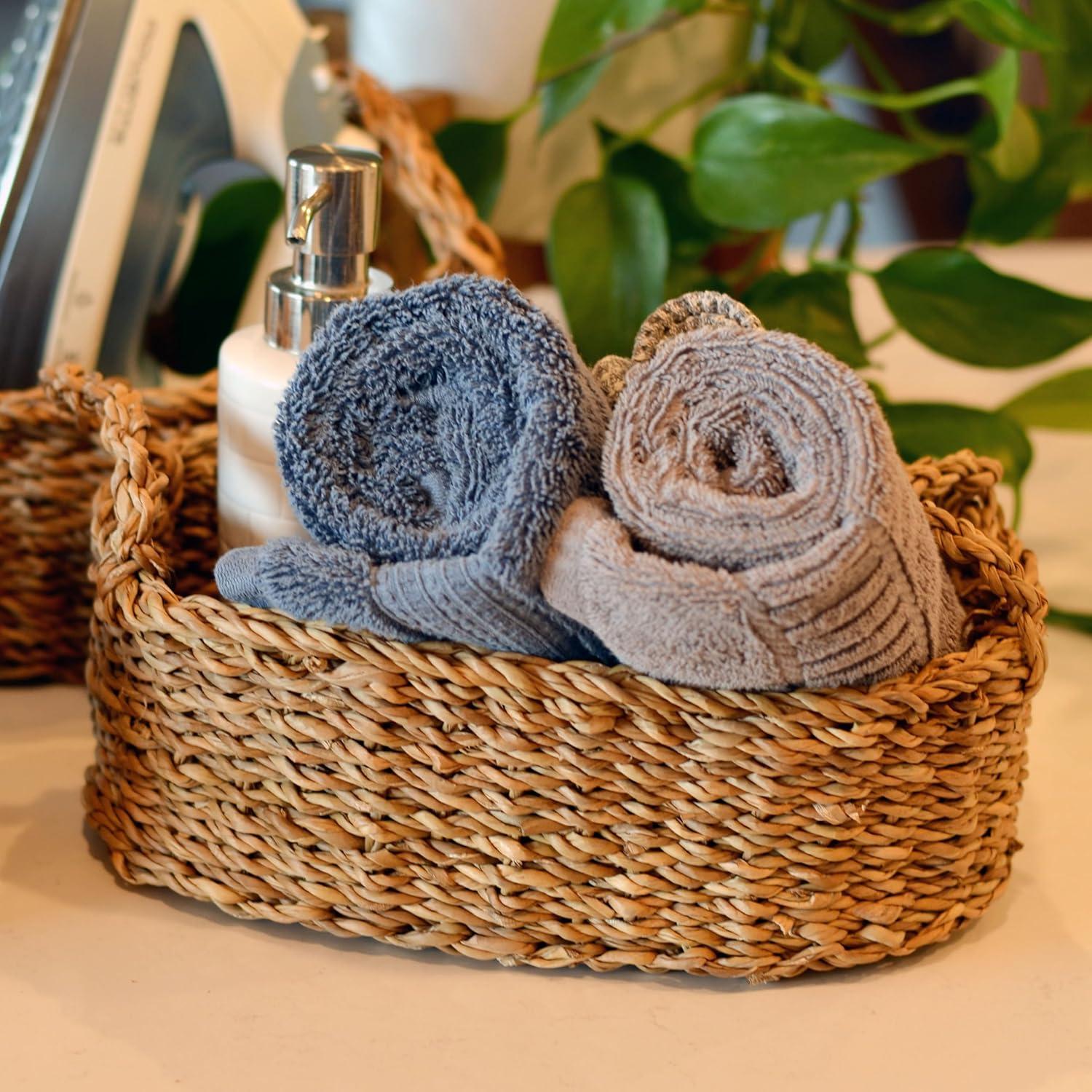 Seagrass Baskets, Set of 3, Thick Chunky Sweater Weave, Decorative Vanity Organizers, Closet Storage Bins, Oval, 13.75, 11.75, and 9.5 Inches