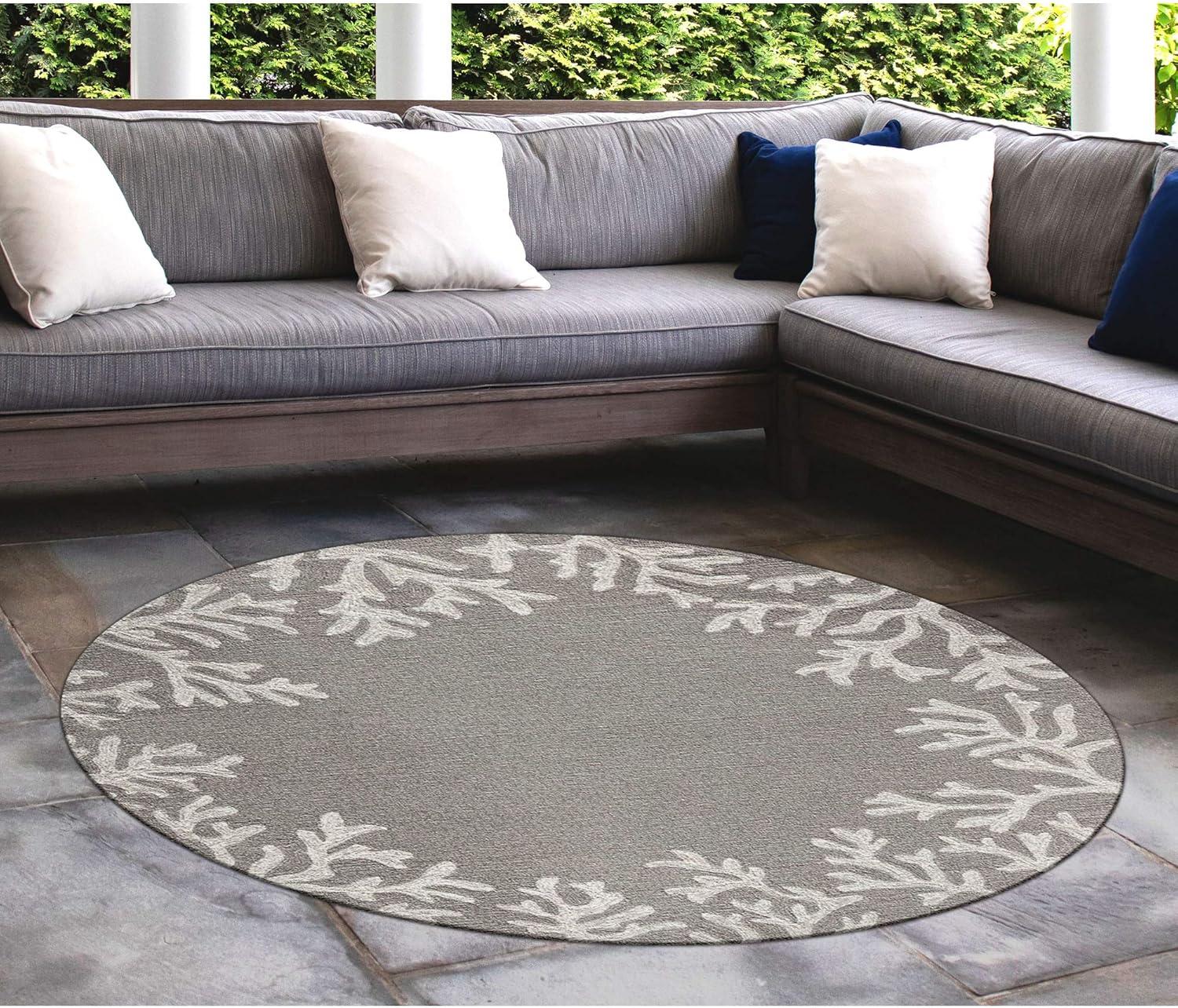 Hand-Tufted Coral Motif Indoor/Outdoor Round Rug in Silver