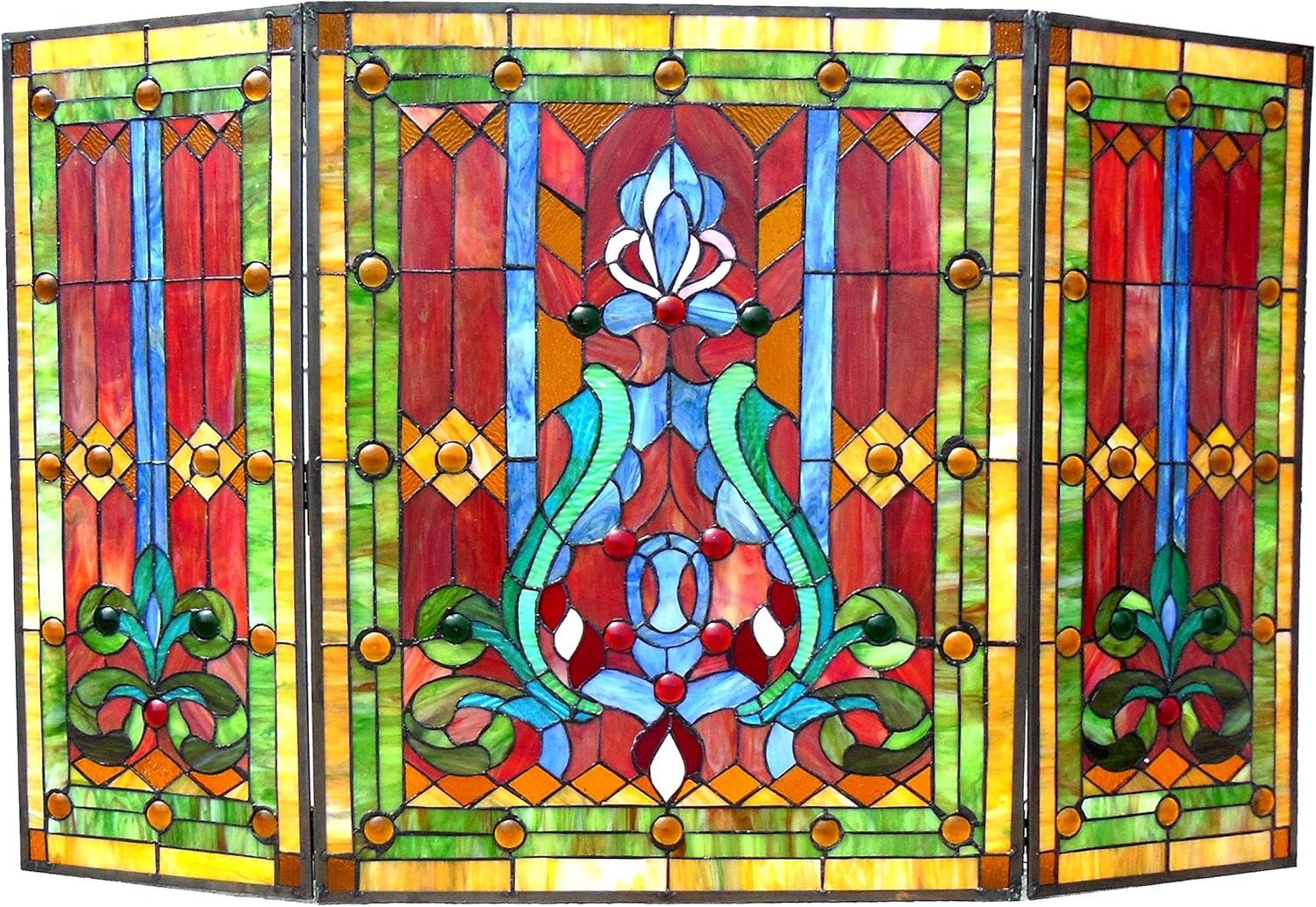 Chloe Lighting Tiffany-Glass 3pcs Folding Victorian Fireplace Screen 44" Wide