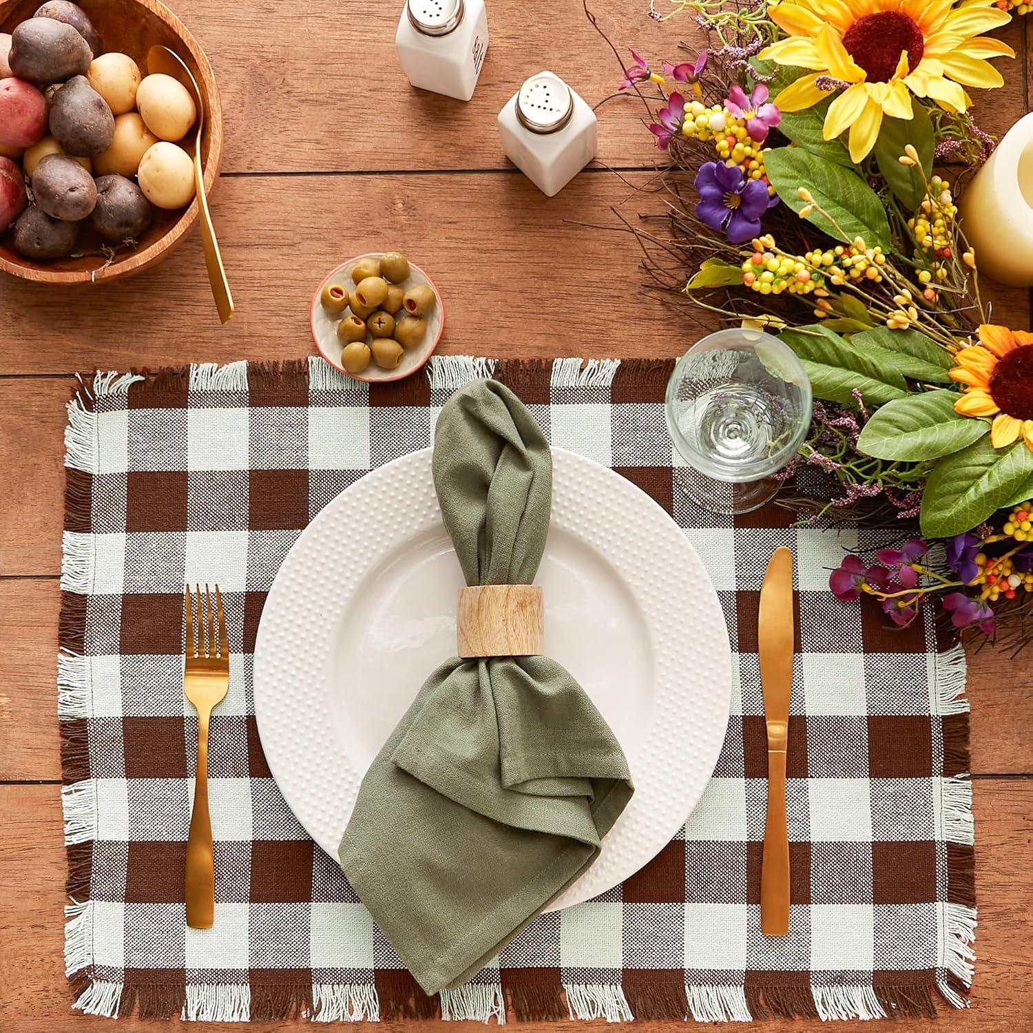 Bark Brown and White Checkered Cotton Placemats, Set of 6