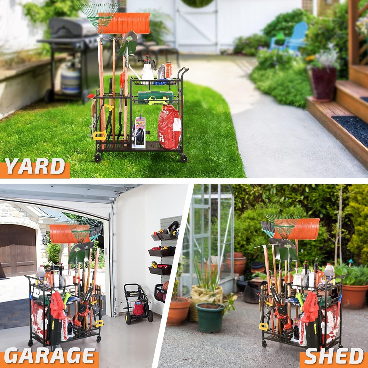 Textiles Hub Garden Tool Organizer With Wheels, Garden Tool Rack, Yard Tool Holder For Rakes, Shovel, Fertilizer, Garden Tool Storage For Garage, Shed, Outdoor