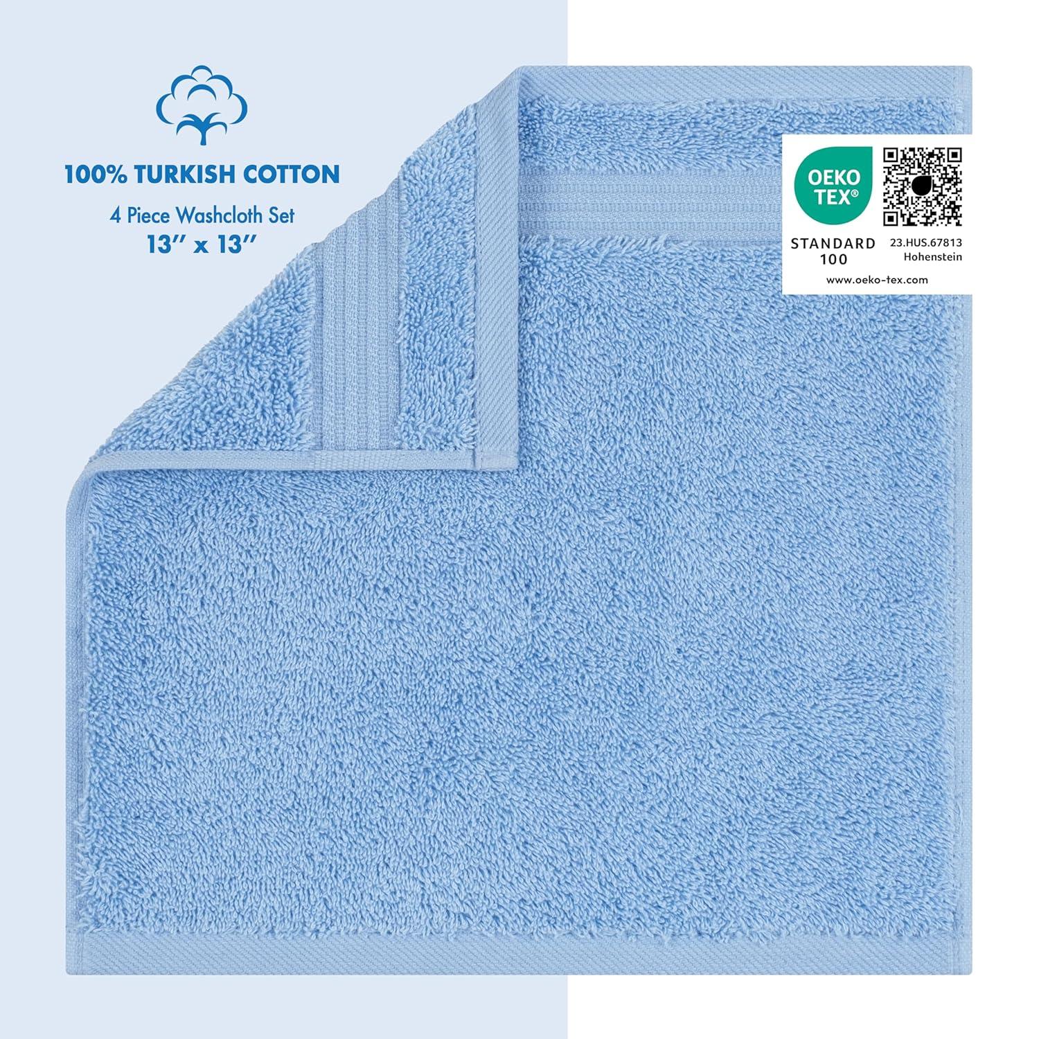 Cotton Paradise 100% Cotton Turkish Washcloth Set for Bathroom, 4 Piece Soft Absorbent Small Hand Face Towels Wash Rags, Sky Blue