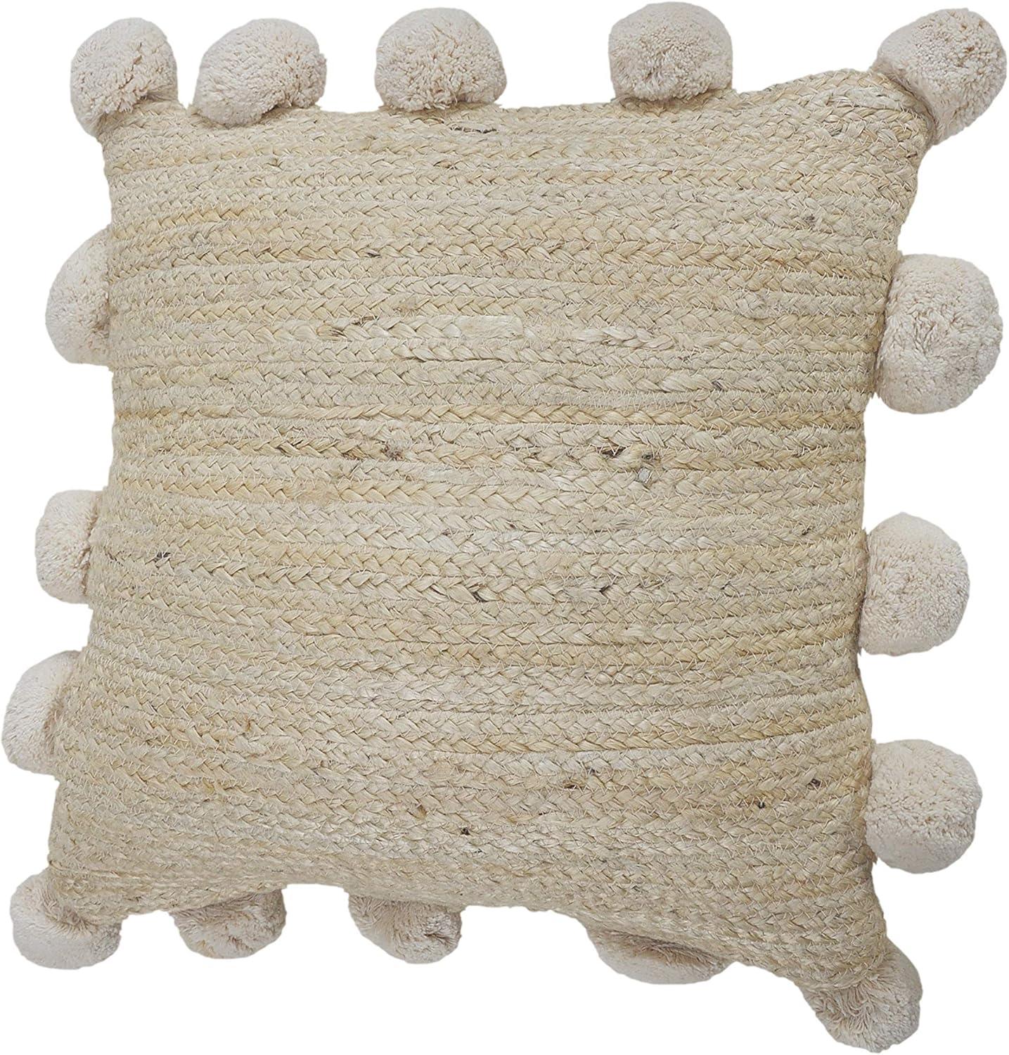 Natural Jute Square Throw Pillow with Pom Pom Border, 20" x 20"