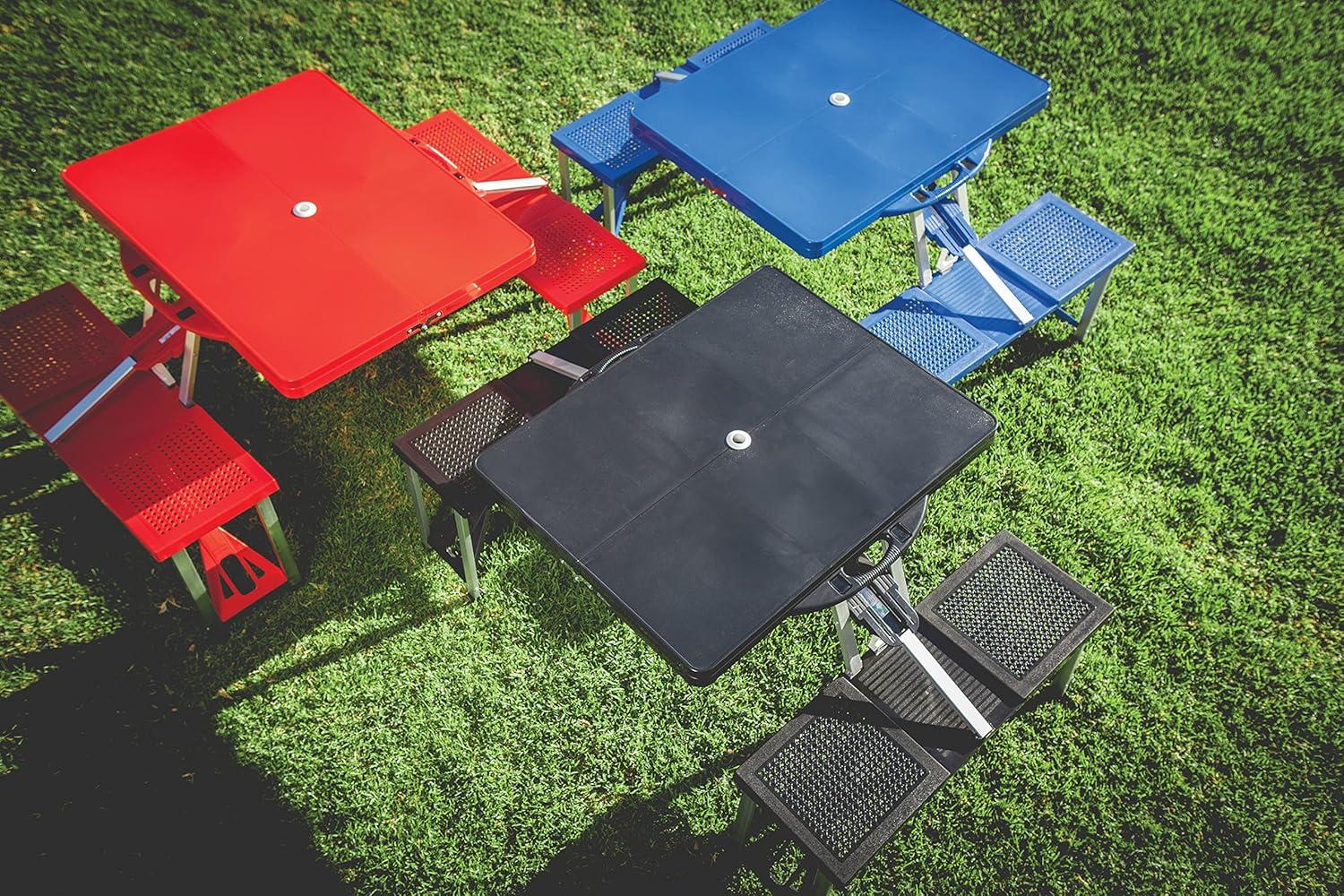 Black Folding Picnic Table with Play Town Design and Umbrella Hole