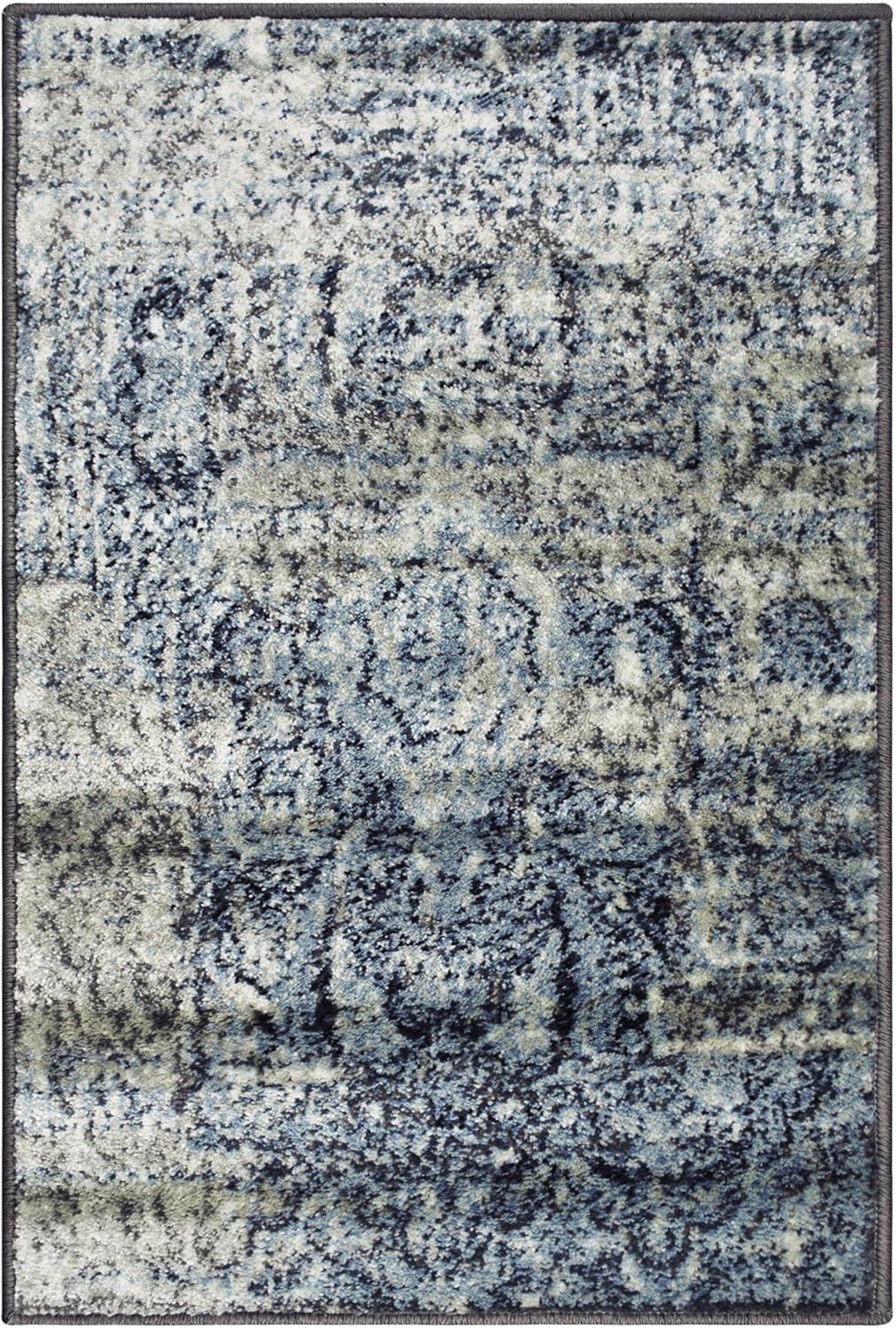 Blue-Beige Medallion Synthetic Runner Rug, 2' 7" x 8'