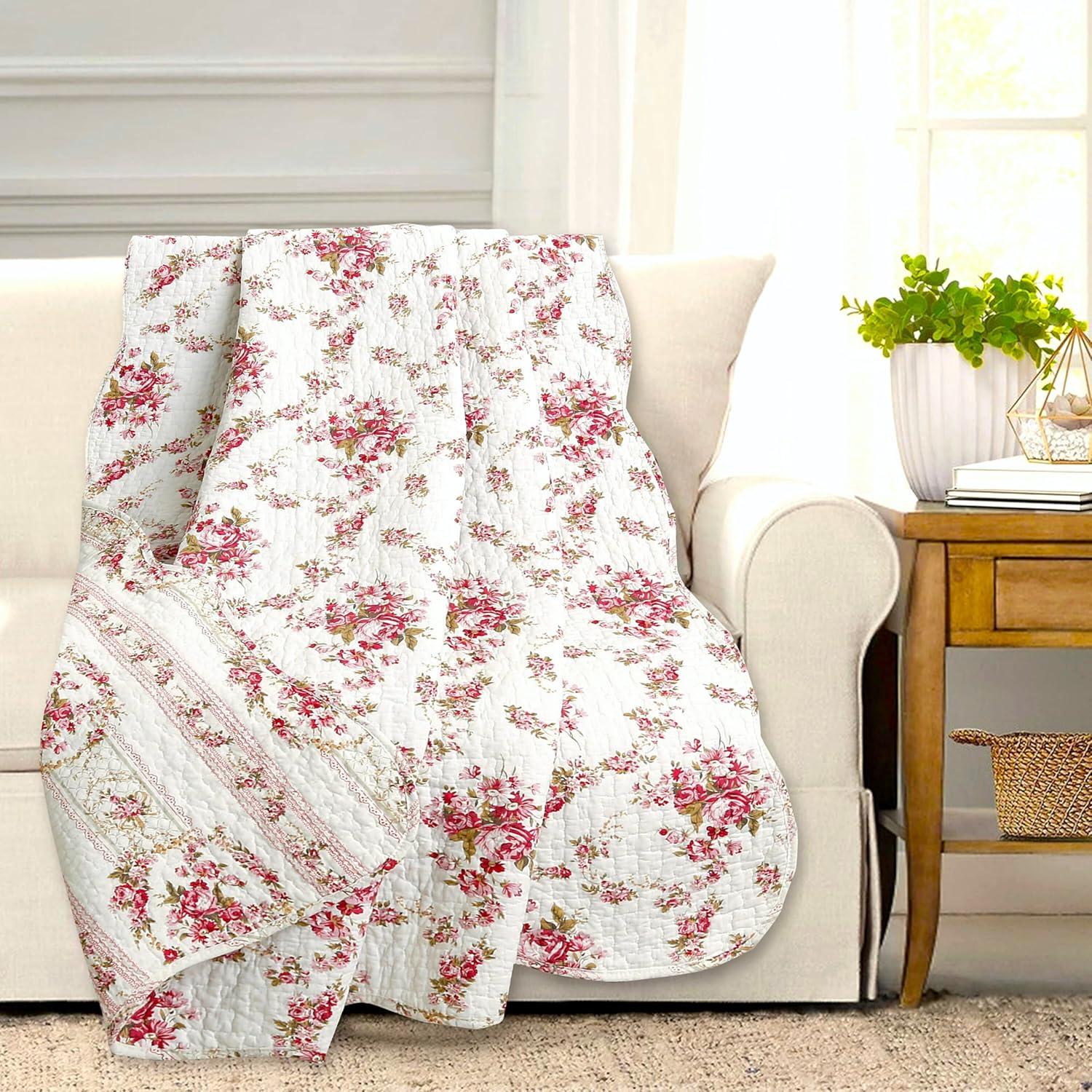 Fuchsia Pink Rose Floral Cotton Quilted Throw Blanket