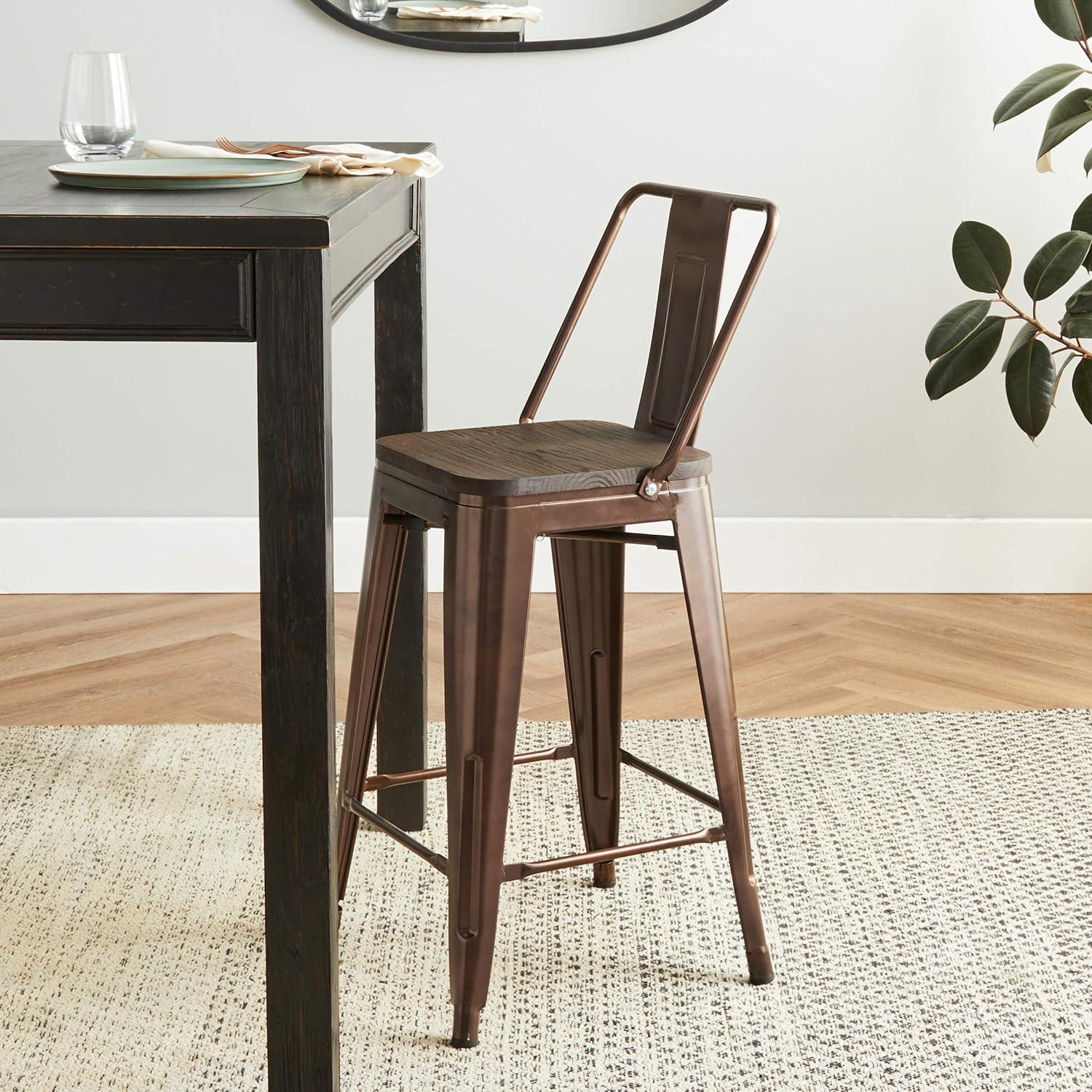 Coffee 24-Inch High Back Metal Barstools with Dark Wood Seat, Set of 2