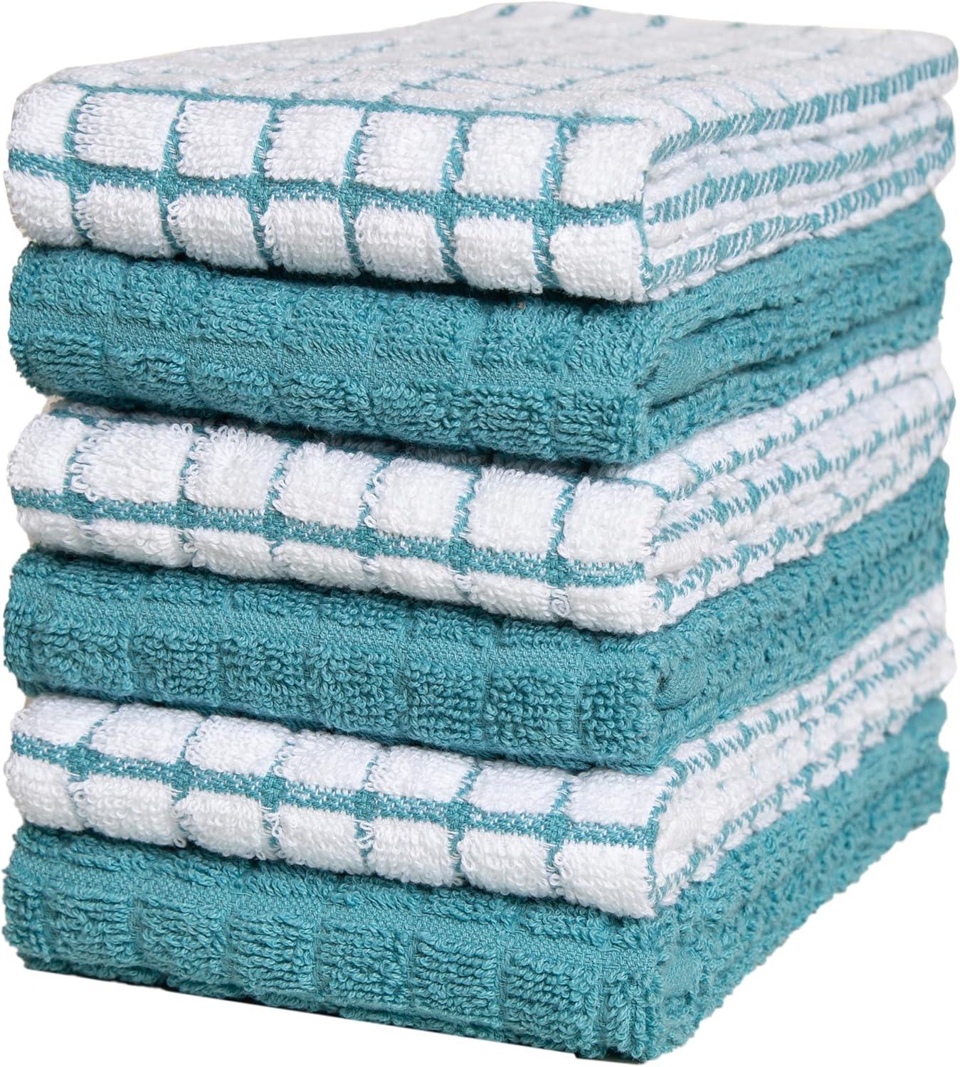 Premium Kitchen Towels (16”x 28”, 6 Pack) – Large Cotton Kitchen Hand Towels – Chef Weave Design – 380 GSM Highly Absorbent Tea Towels Set With Hanging Loop – Aqua