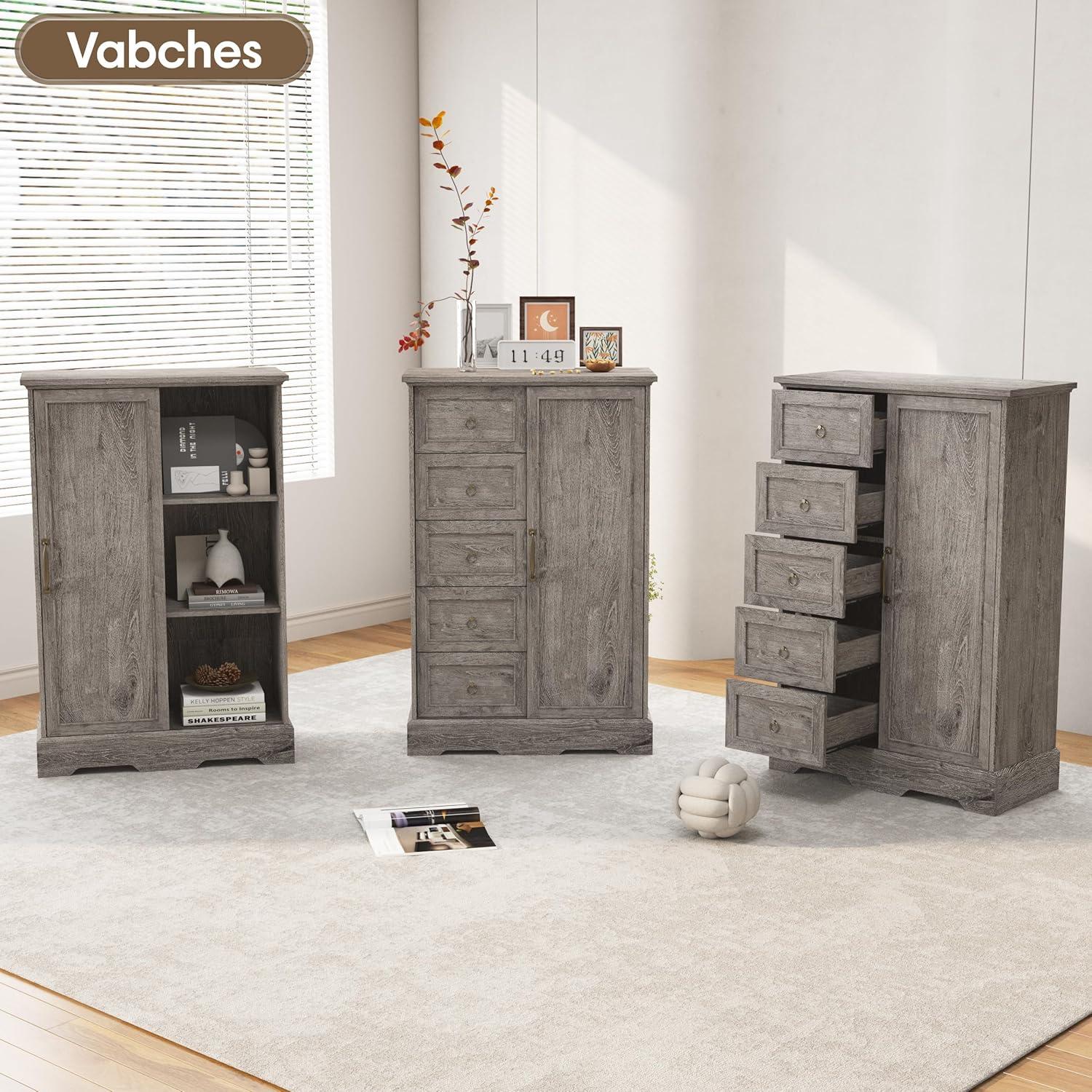 Gracie Oaks 5 Drawers Dresser With Cabinet, 48" Tall Chest, Wooden Closet Dresser With Sliding Barn Door For Living Room, Hallway