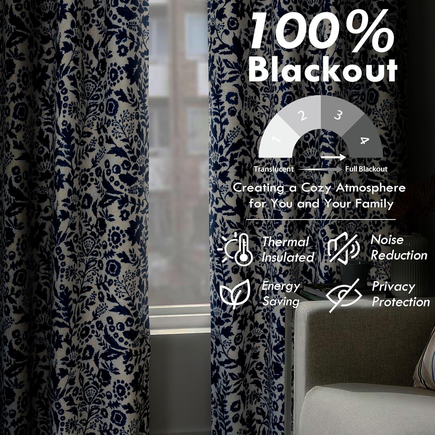 DriftAway Julia Watercolor Blackout Room Darkening Grommet Lined Thermal Insulated Energy Saving Window Curtains 2 Layers 2 Panels Each Size 96"L x 52"W Navy