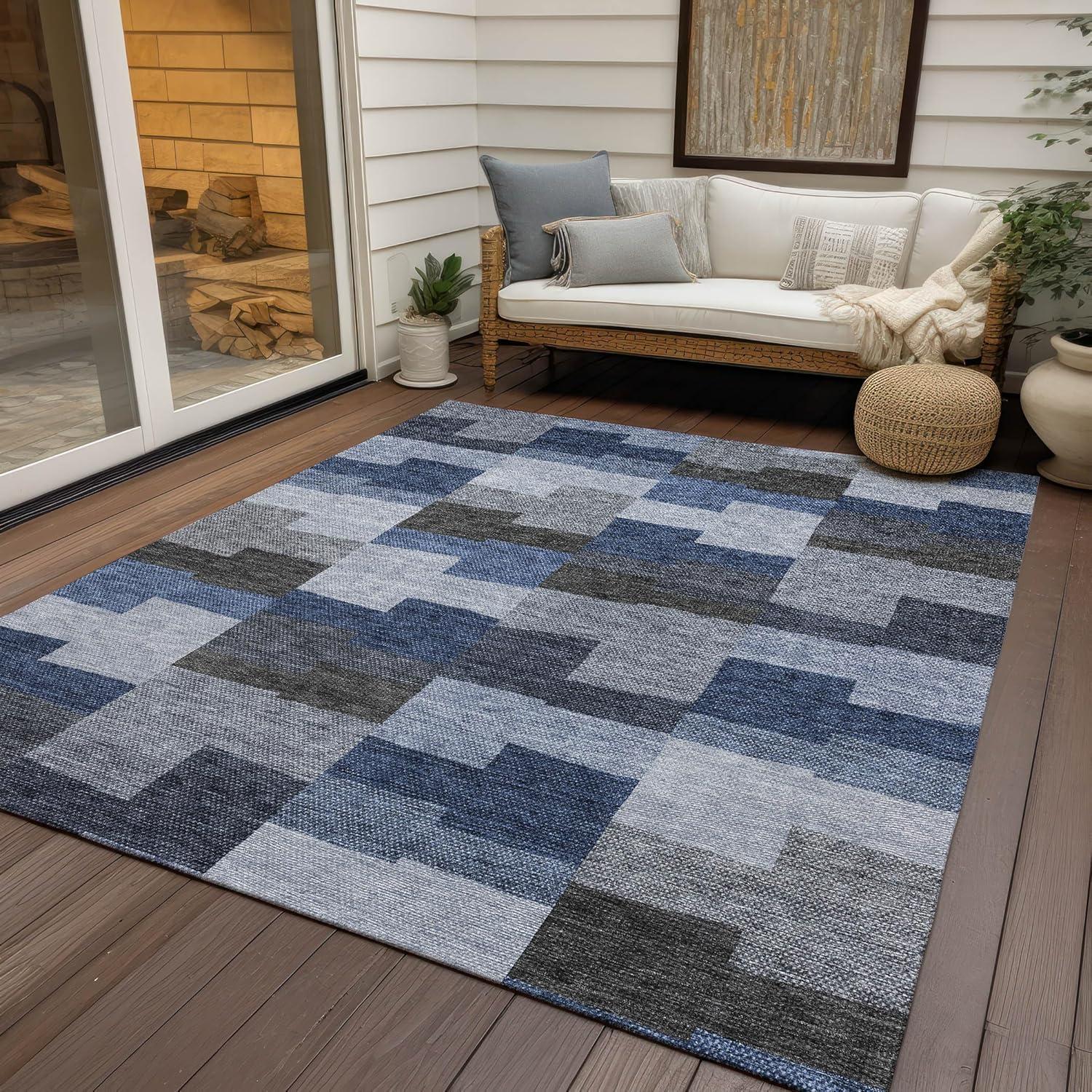 Blue and Gray Geometric 9' x 12' Indoor Outdoor Area Rug