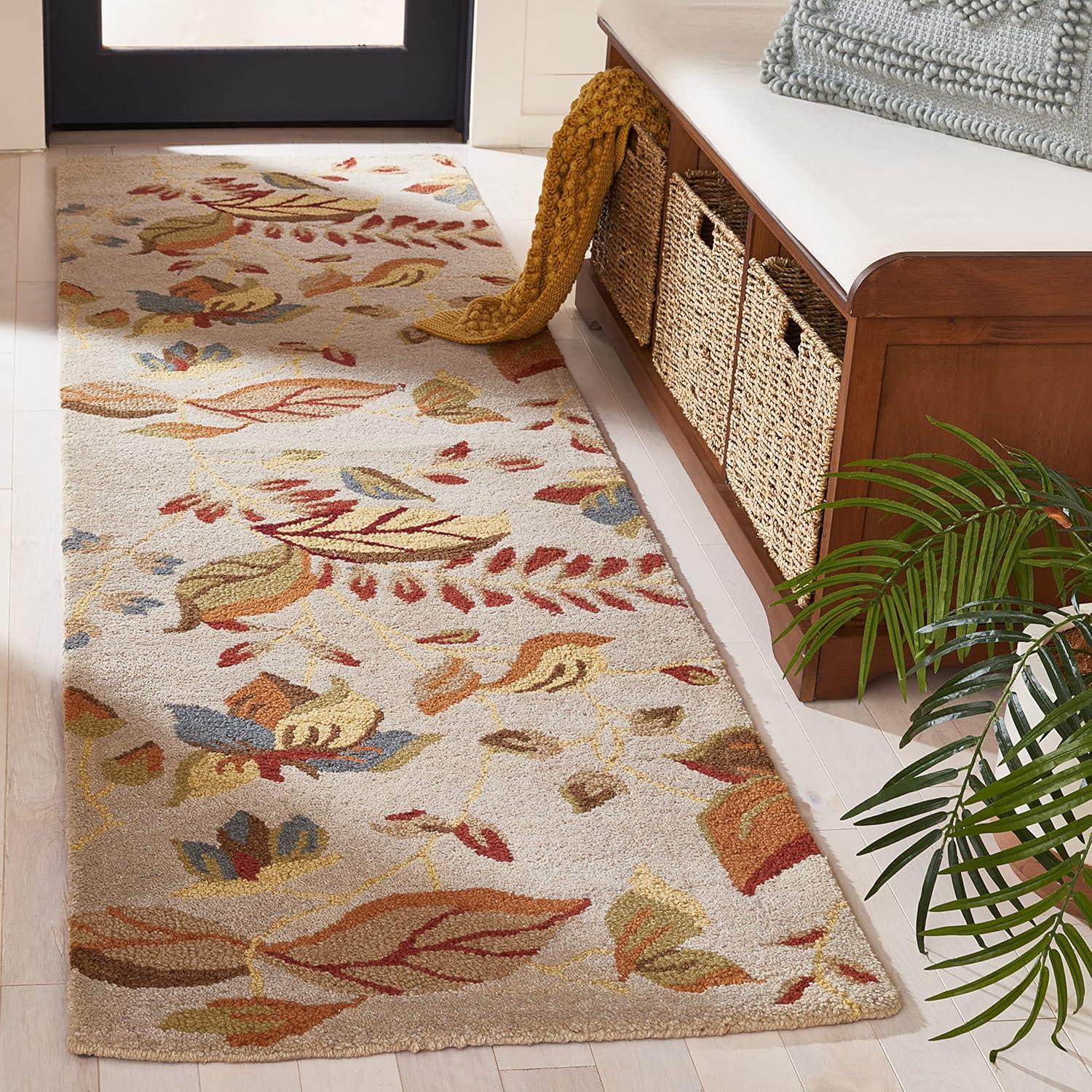 Beige and Multicolor Floral Handmade Wool Runner Rug