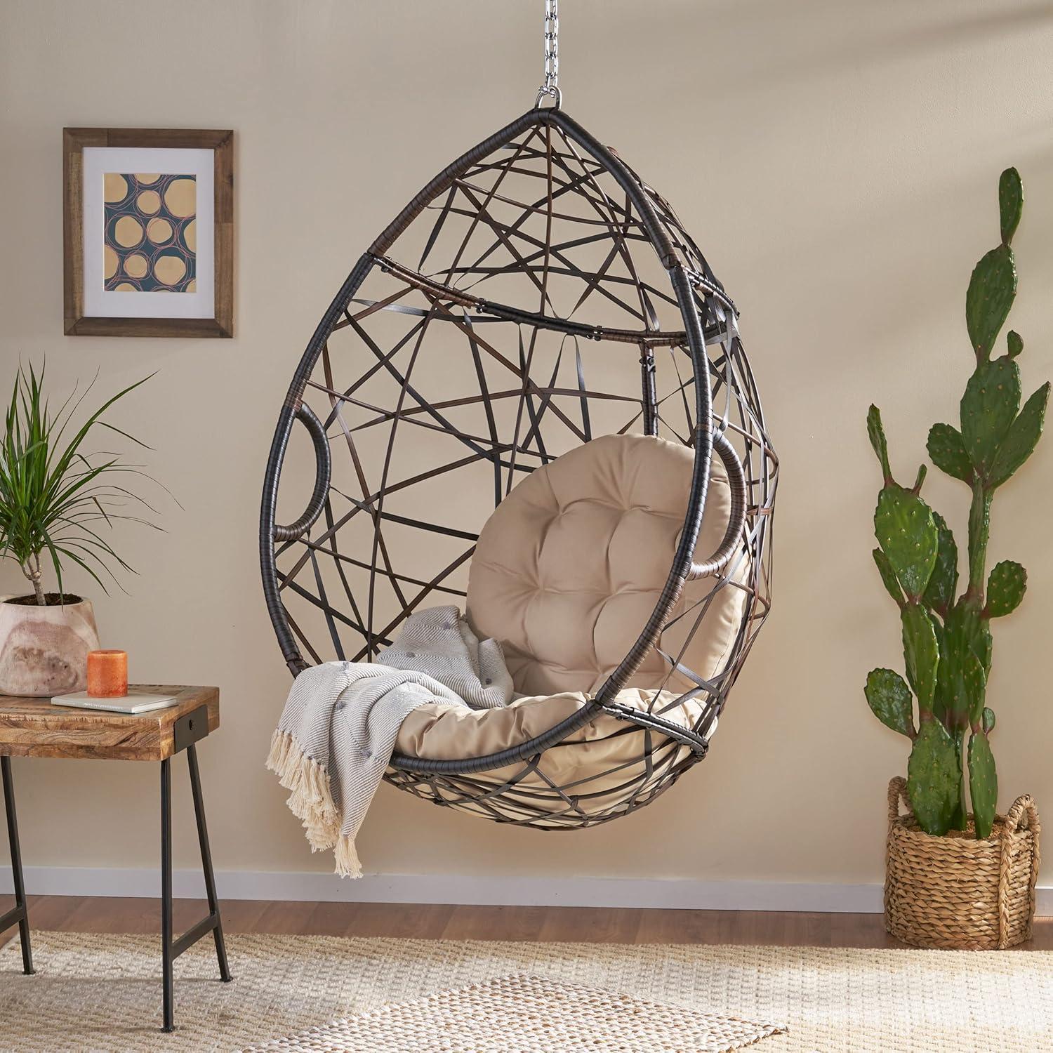 Cayuse Wicker Tear Drop Hanging Chair - Brown/Tan - Christopher Knight Home: Outdoor Patio Swing with Cushion