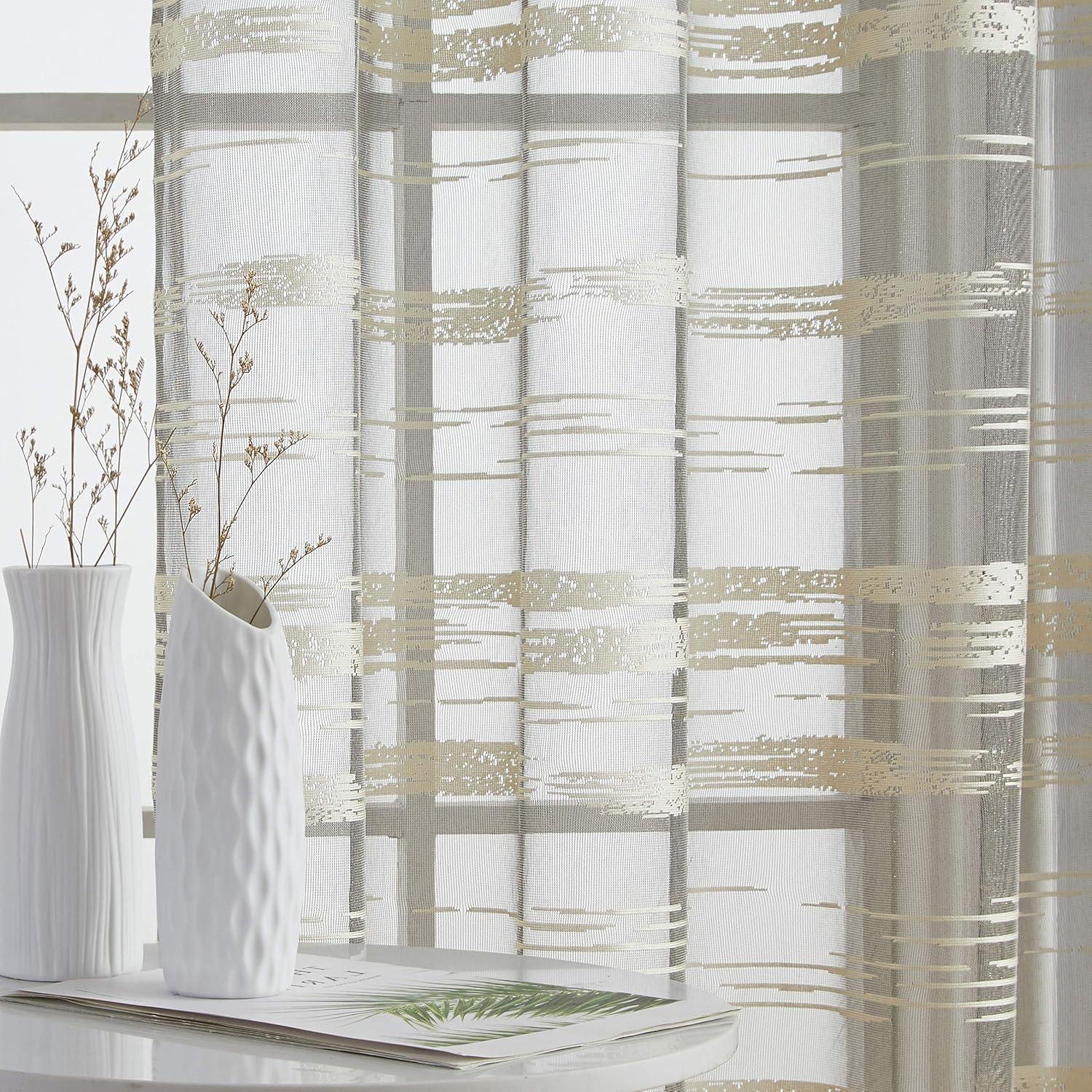 HLC.ME Broadway Stripe Decorative Semi Sheer Light Filtering Grommet Window Treatment Curtain Panels - Set of 2 - Beige, 54 W x 84 L