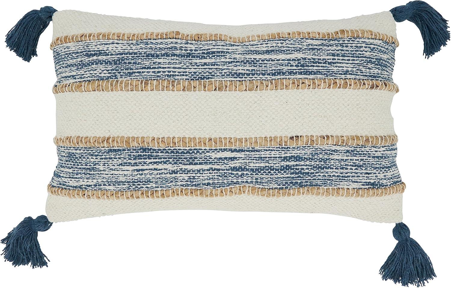 Navy Blue Striped Cotton and Jute Tassel Pillow Cover