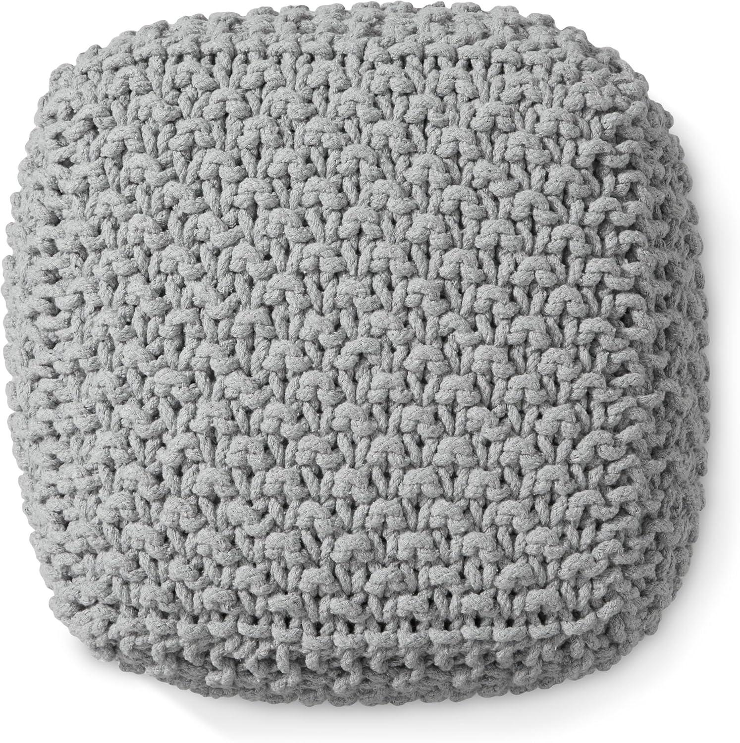 Casafield Square Pouf Ottoman, Light Gray - 18.5" W x 18.5" D x 14.5" H Cotton Knit Foot Stool - Boho Floor Pouffe for Living Room