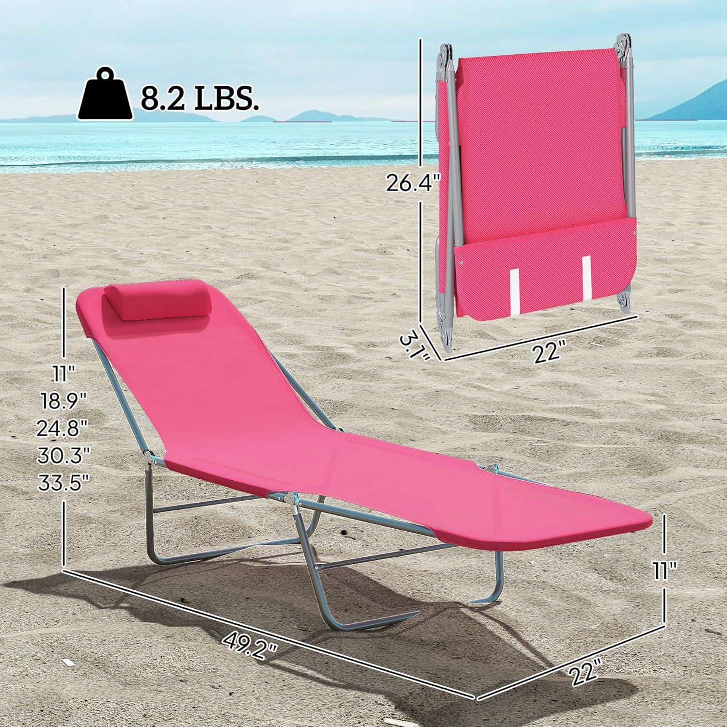 Outsunny Foldable Outdoor Chaise Lounge Chair, 5-Level Reclining Camping Tanning Chair with Breathable Mesh Fabric and Headrest, Pink