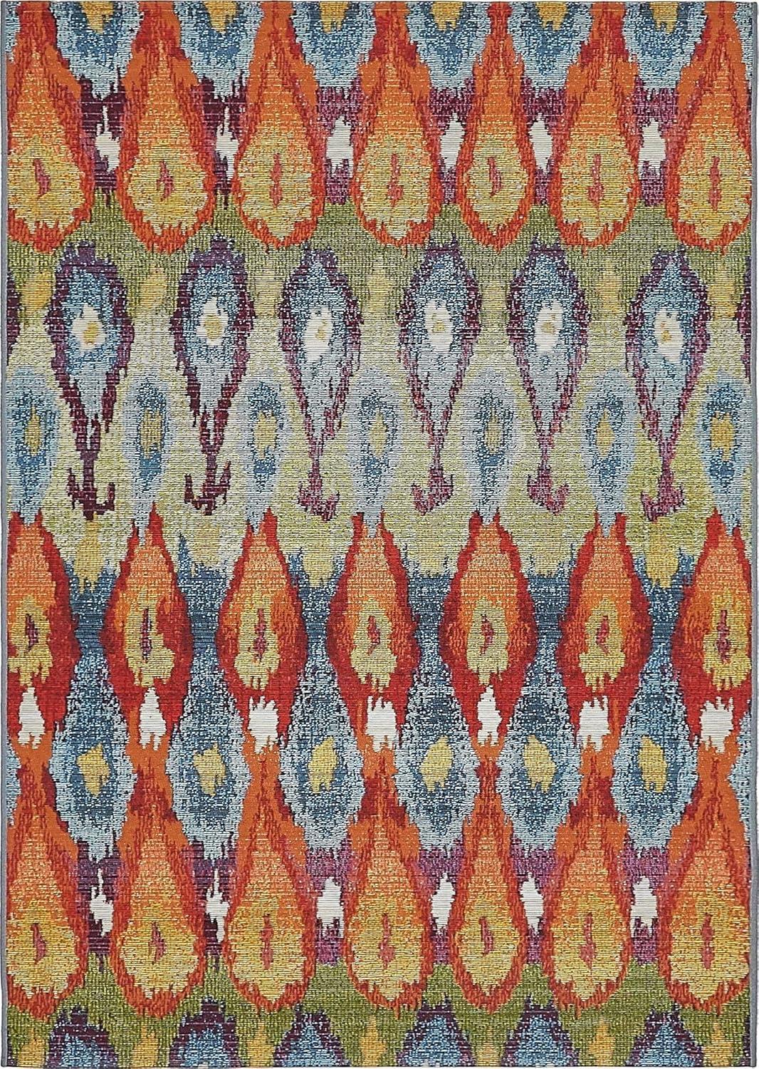 Unique Loom Ikat Indoor/Outdoor Modern Rug Multi/Burgundy 4' 1" x 6' 1" Rectangle Textured Ikat Traditional Flatweave Perfect For Patio Deck Garage Entryway