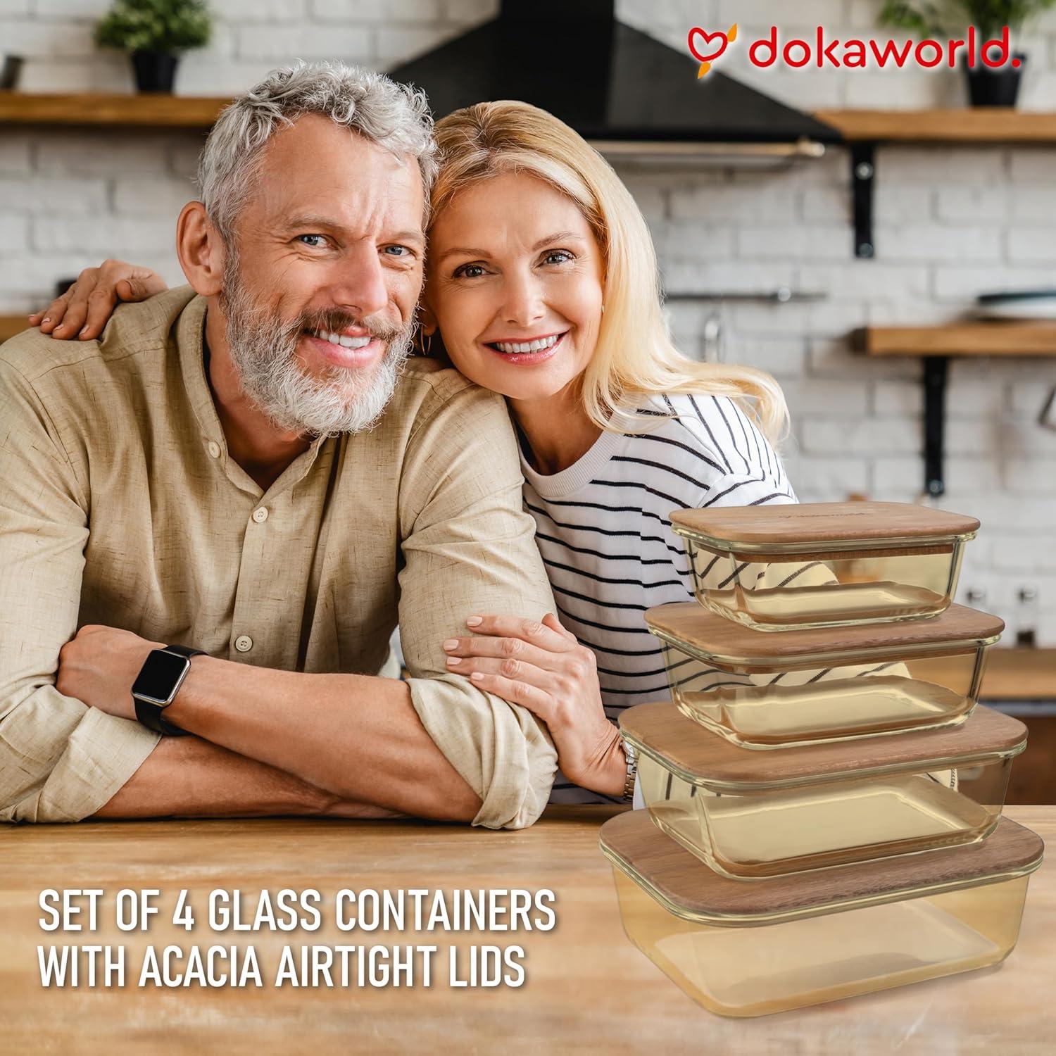 Amber Glass Meal Prep Containers with Acacia Lids, Set of 4