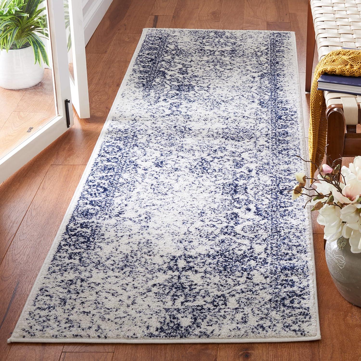 Navy and Ivory Synthetic Oriental Runner Rug, 2'6" x 8'