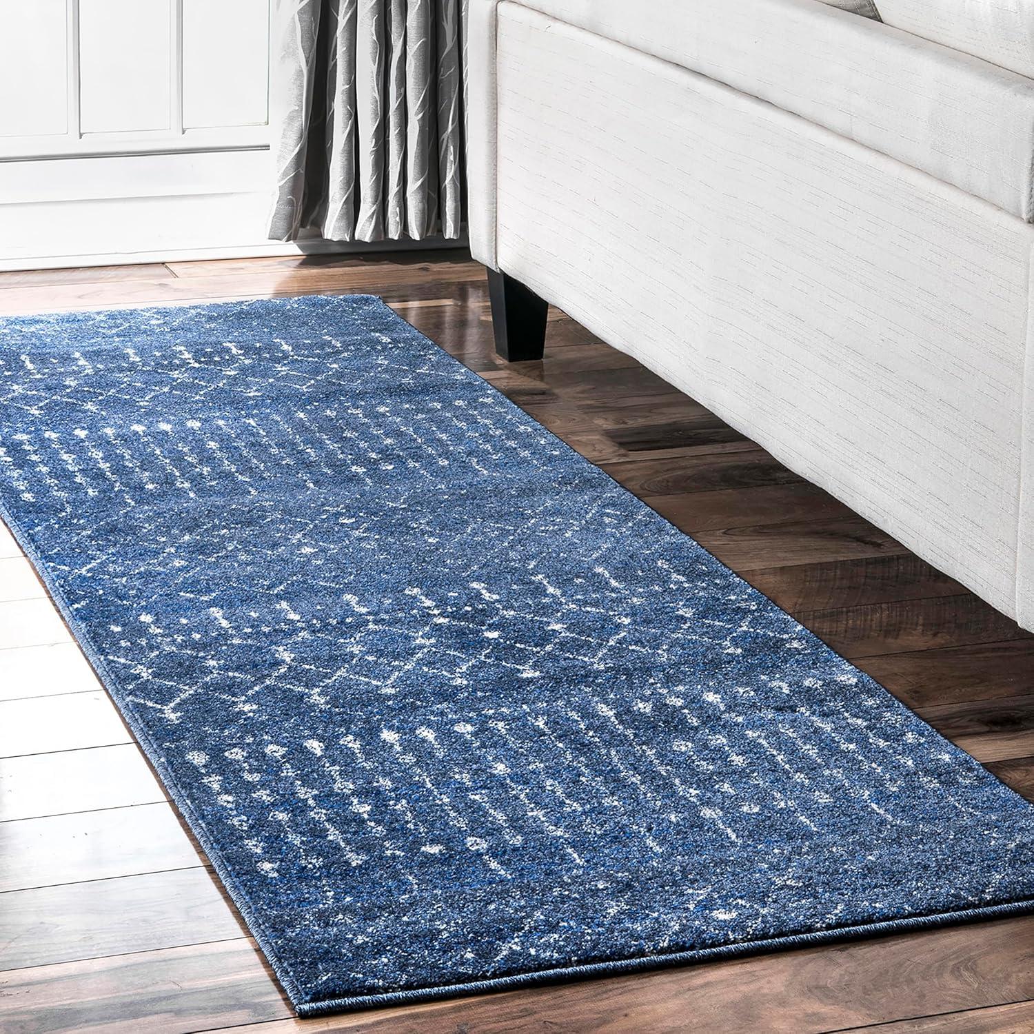 Dark Blue Trellis Synthetic Reversible Runner Rug