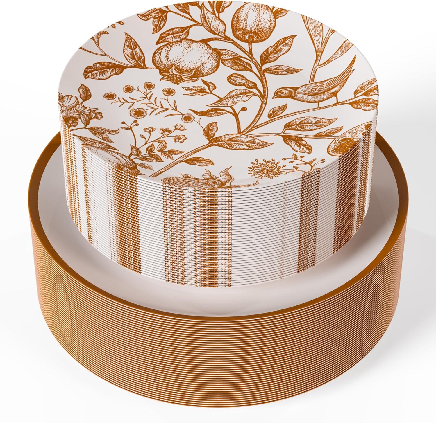 Trendables Plastic Disposable Plate Set 40 x 8" and 40 x 10" Brown and White Thanksgiving Plate with Pomegranate Design