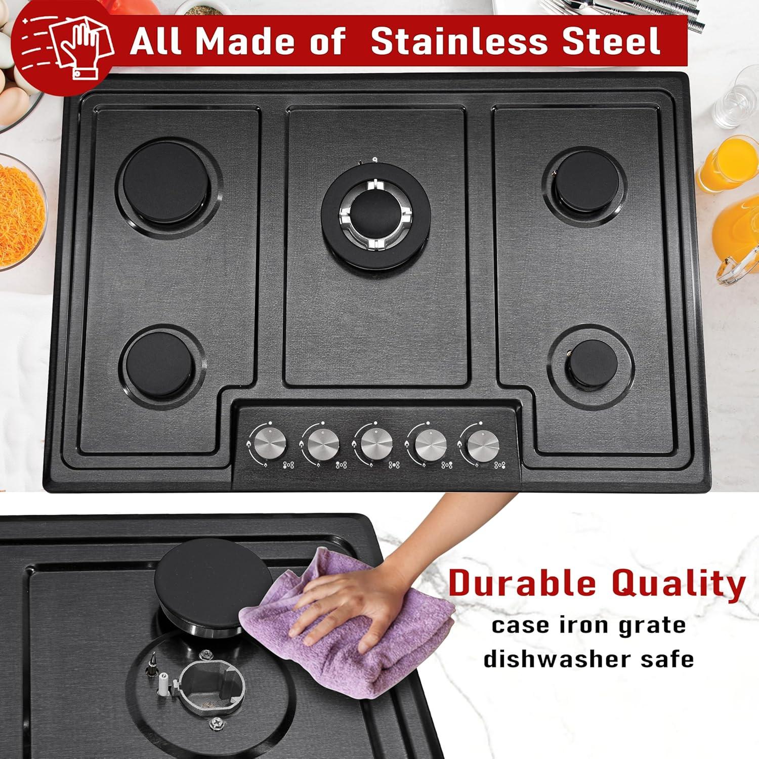 30 Inch Stainless Steel 5 Burner Gas Cooktop with Cast Iron Grates