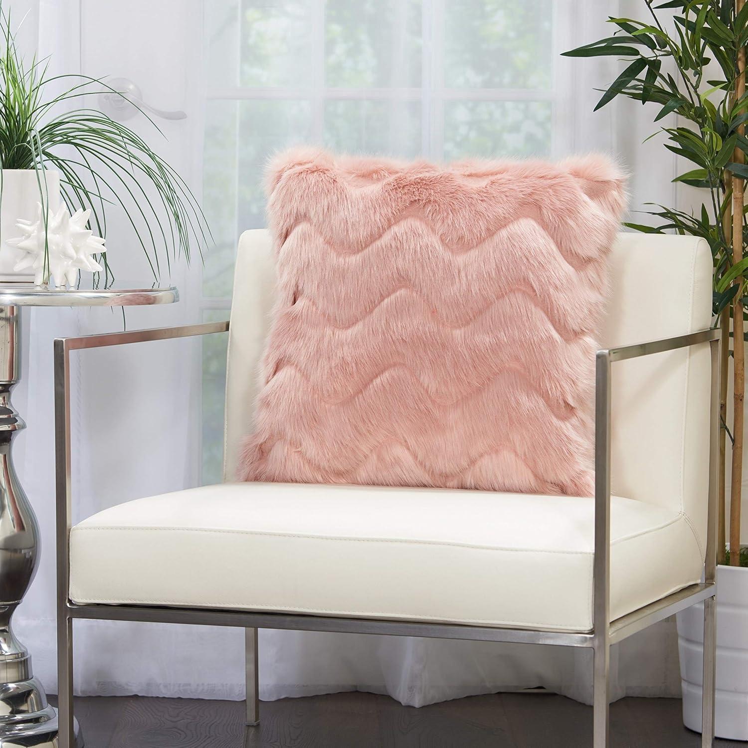 Blush Pink Faux Fur Chevron Rectangular Throw Pillow