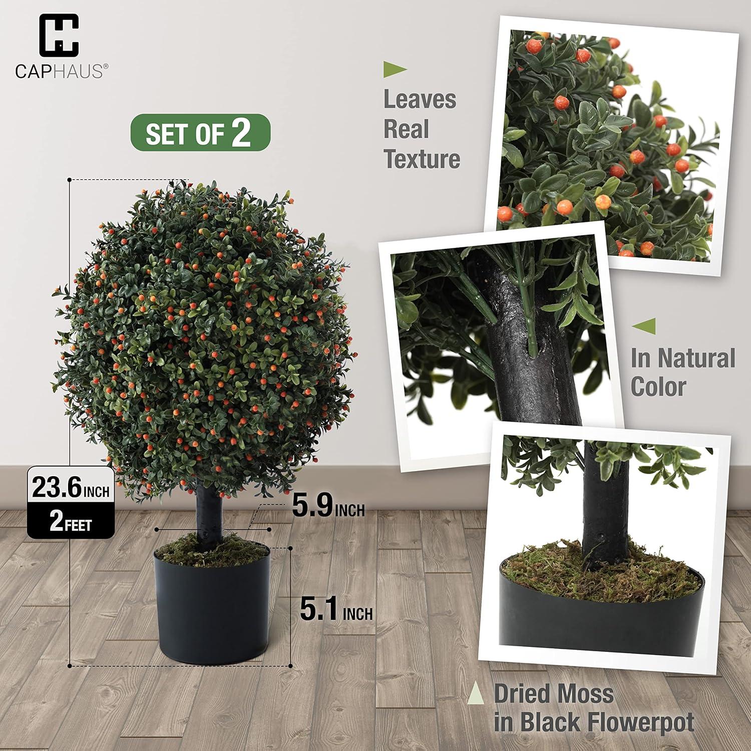 GVN Artificial Plant,Greenery Decor,2-Pack Artificial Boxwood Topiary Ball Tree with Orange Fruit