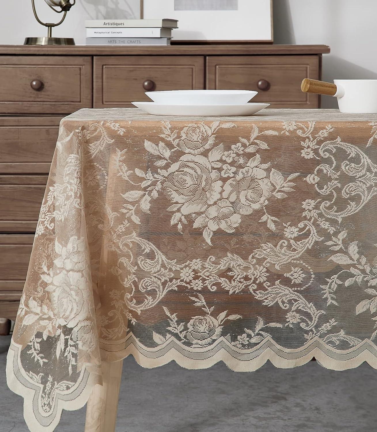 Warm Home Designs 60 x 84 Lace Tablecloth. Golden Linen Rectangle Tablecloth for 6-8 Guests.