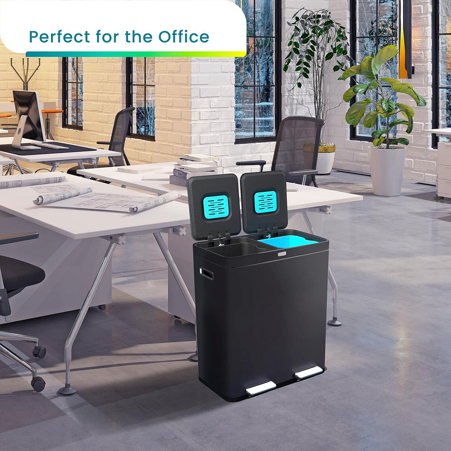 Home Zone Living Home Zone Living 16 Gallon Stainless Steel Dual Trash and Recycling Can with CleanAura Odor Control and Soft-Close Lids