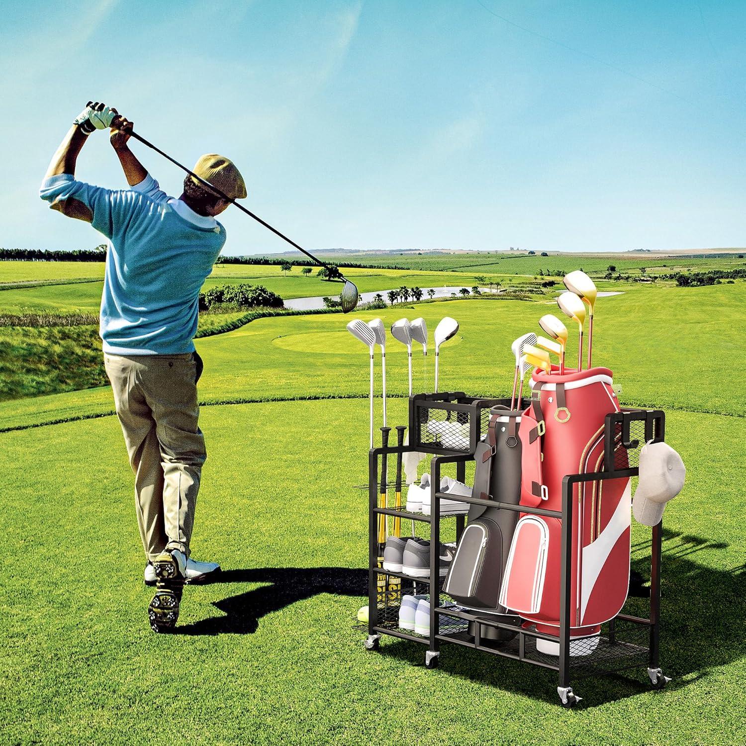 Recaceik Golf Storage Garage Organizer Large Size,Golf Bag Storage Stand and Other Golfing Accessories Rack, Metal with Wheels Golf Club Storage for Garage Shed and Basement (Black)