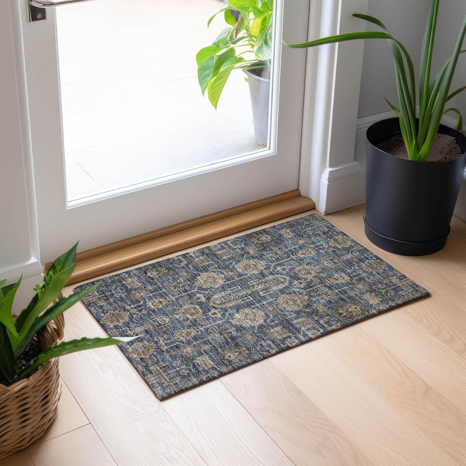 Navy and Beige Oriental Pattern Indoor Outdoor Area Rug