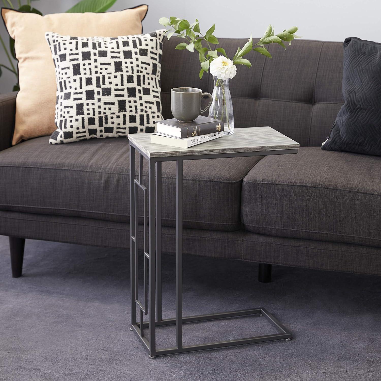 Sleek Gray C-Shaped Metal and Wood Accent Table