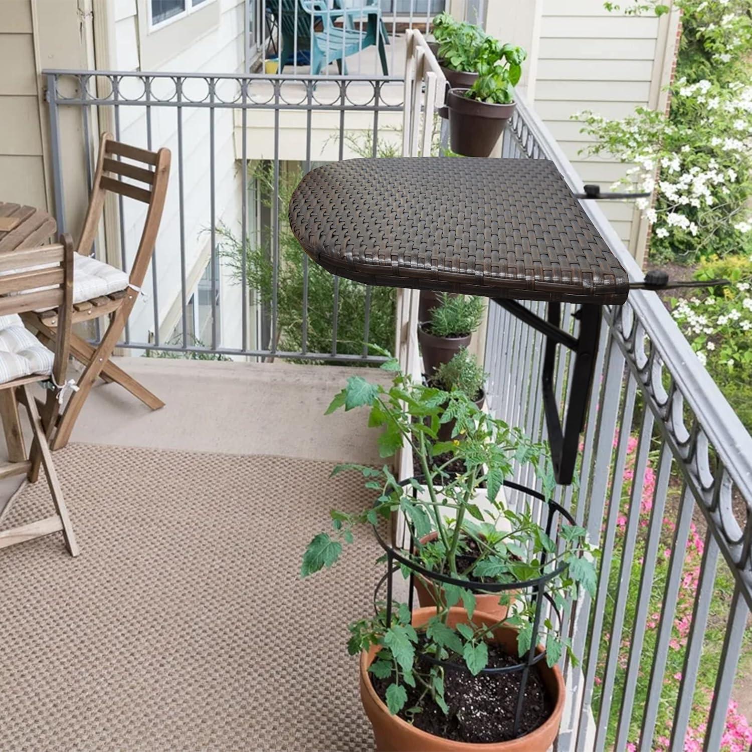 Indoor/Outdoor Foldable Wicker Balcony Table with Metal Frame & Adjustable Clamps - Oakland Living