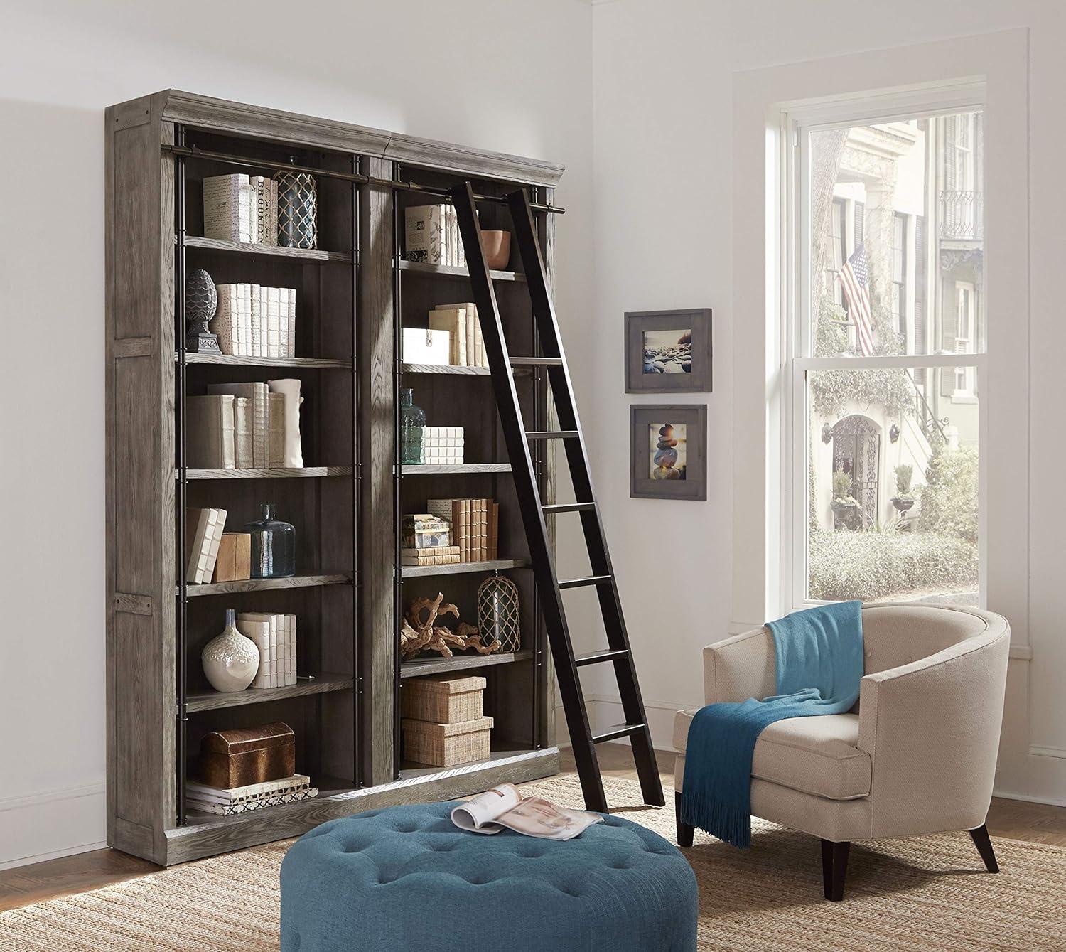 Traditional 8' Tall Wood Bookcase Wall With Ladder Aged Office Bookcases Gray