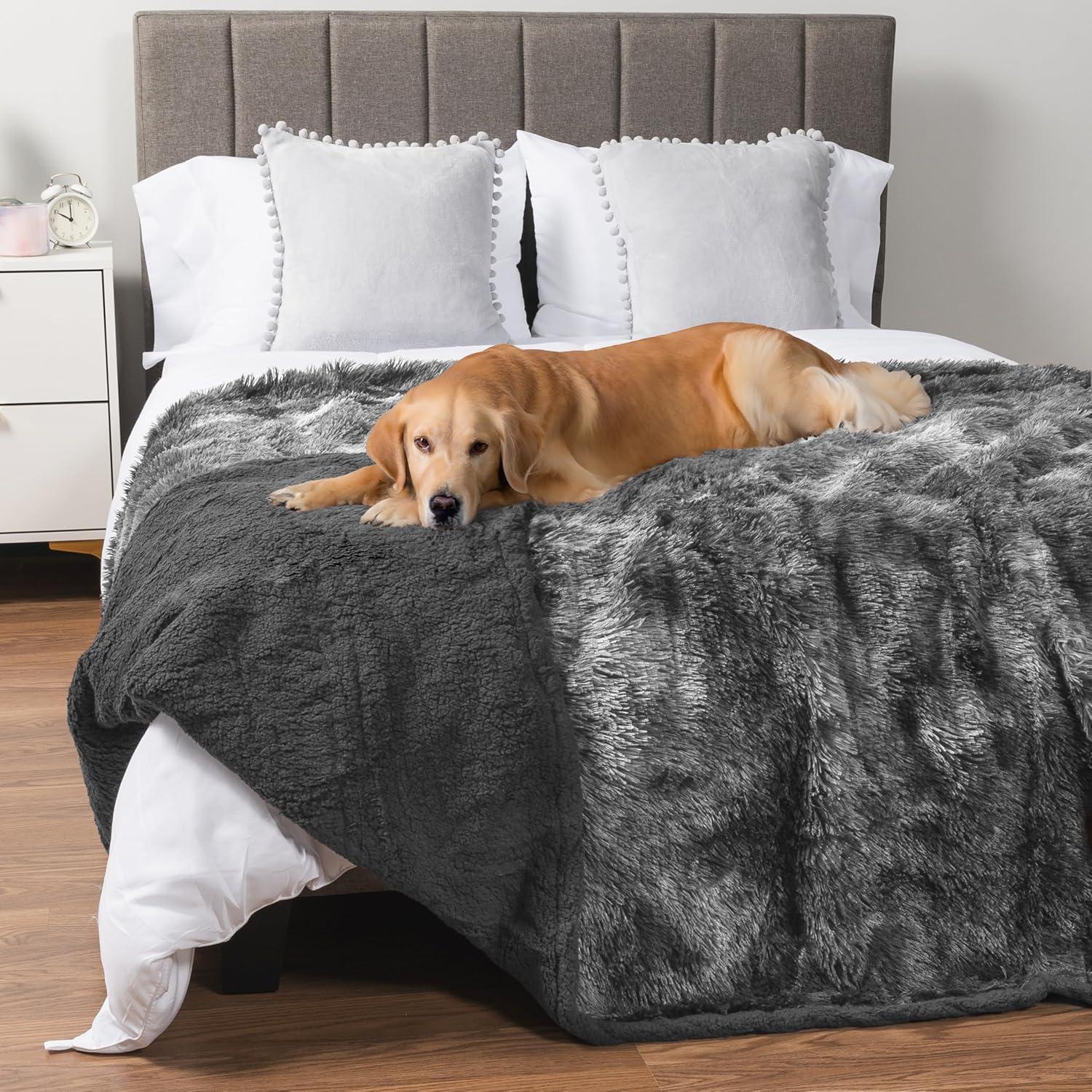 PetAmi WATERPROOF Dog Blanket For Bed XL Dog Pet Blanket Couch Cover Protector, Sherpa Fleece Fuzzy Leakproof Blanket for Sofa Furniture Queen Bed Protection Reversible Soft Fluffy, 90x90 Tie-Dye Gray