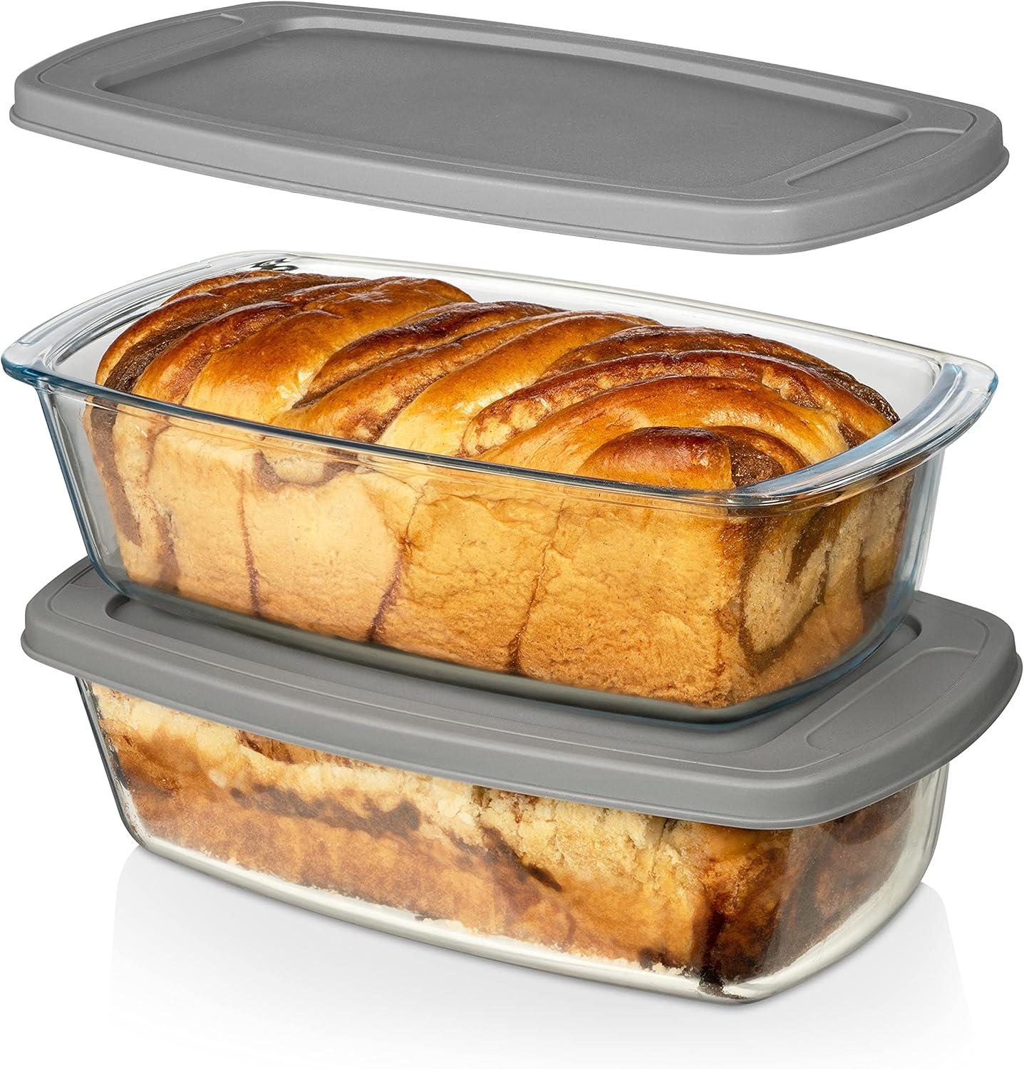 Razab LARGE 7.6 Cups/1800 ML/1.9 Qt Glass Loaf Pan with Lids (Set of 2) - Meatloaf Pan BPA free Airtight Lids Grip Handle Easy Carry, Microwave and Oven Safe - Loaf Pans For Baking Bread, Cakes