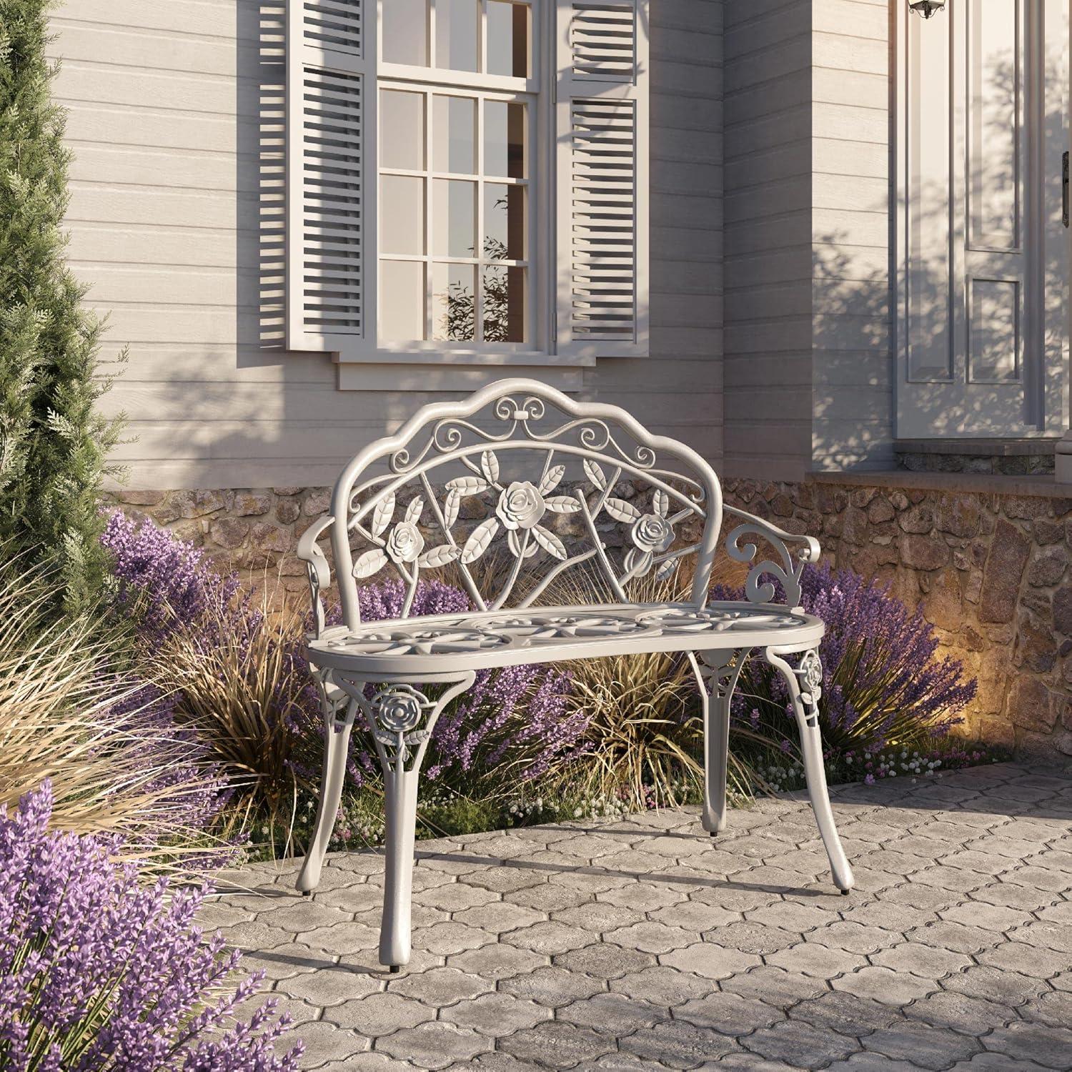 Antique Rose Cast Aluminum and Iron Outdoor Loveseat Bench - White