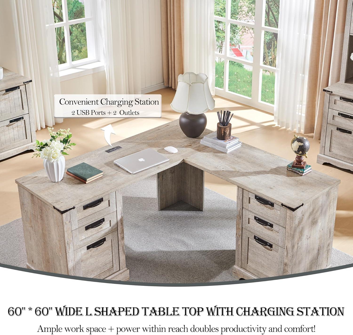 RedLemon 60" Farmhouse L Shaped Desk with Drawers, Wood Home Office Corner Executive Desk with Charging Station, File Drawer, Storage Cabinet, Rustic Computer Writing Desk (Light Rustic Oak)