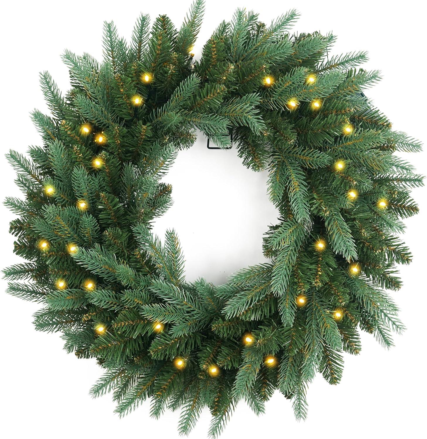 24'' Pre-Lit Green Artificial Christmas Wreath with LED Lights