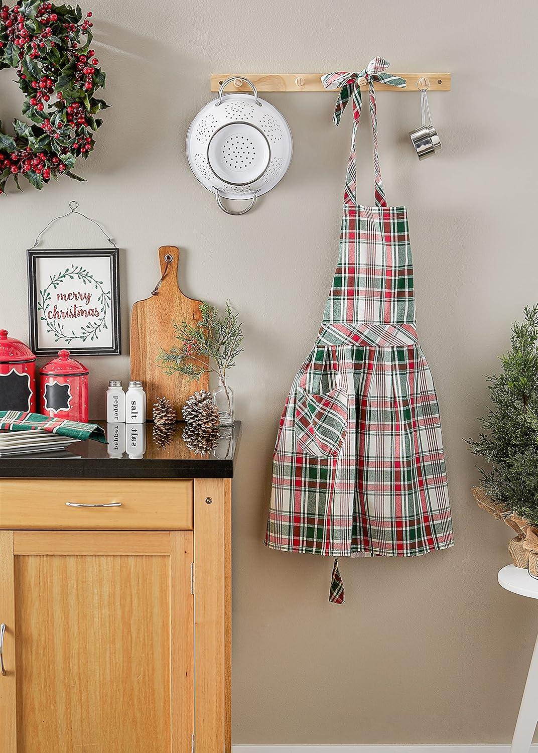 Festive Red and Green Plaid Cotton Apron with Pockets