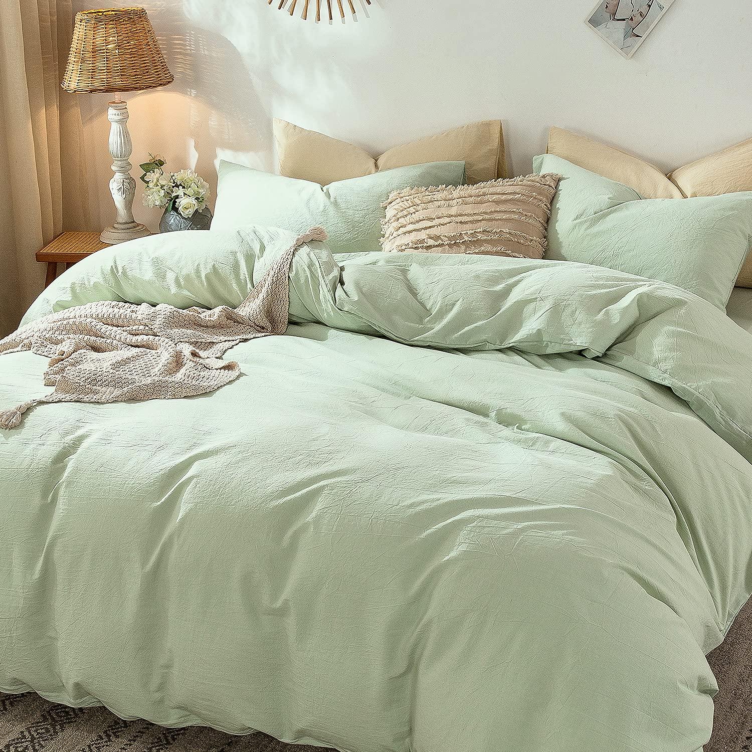 MOOMEE 100% Washed Cotton Linen Like Textured Duvet Cover Set