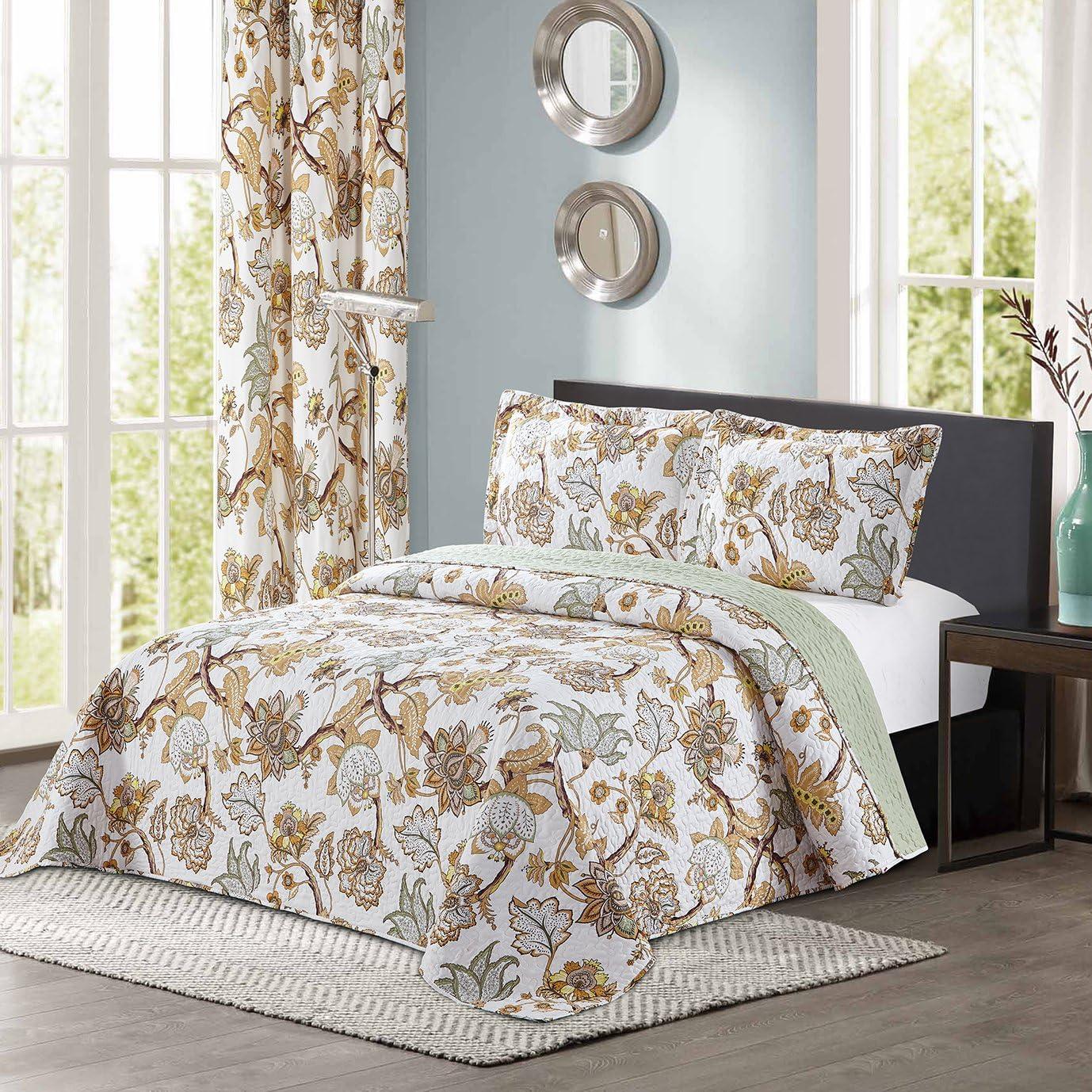 White and Yellow Floral Reversible Microfiber Queen Bedspread Set